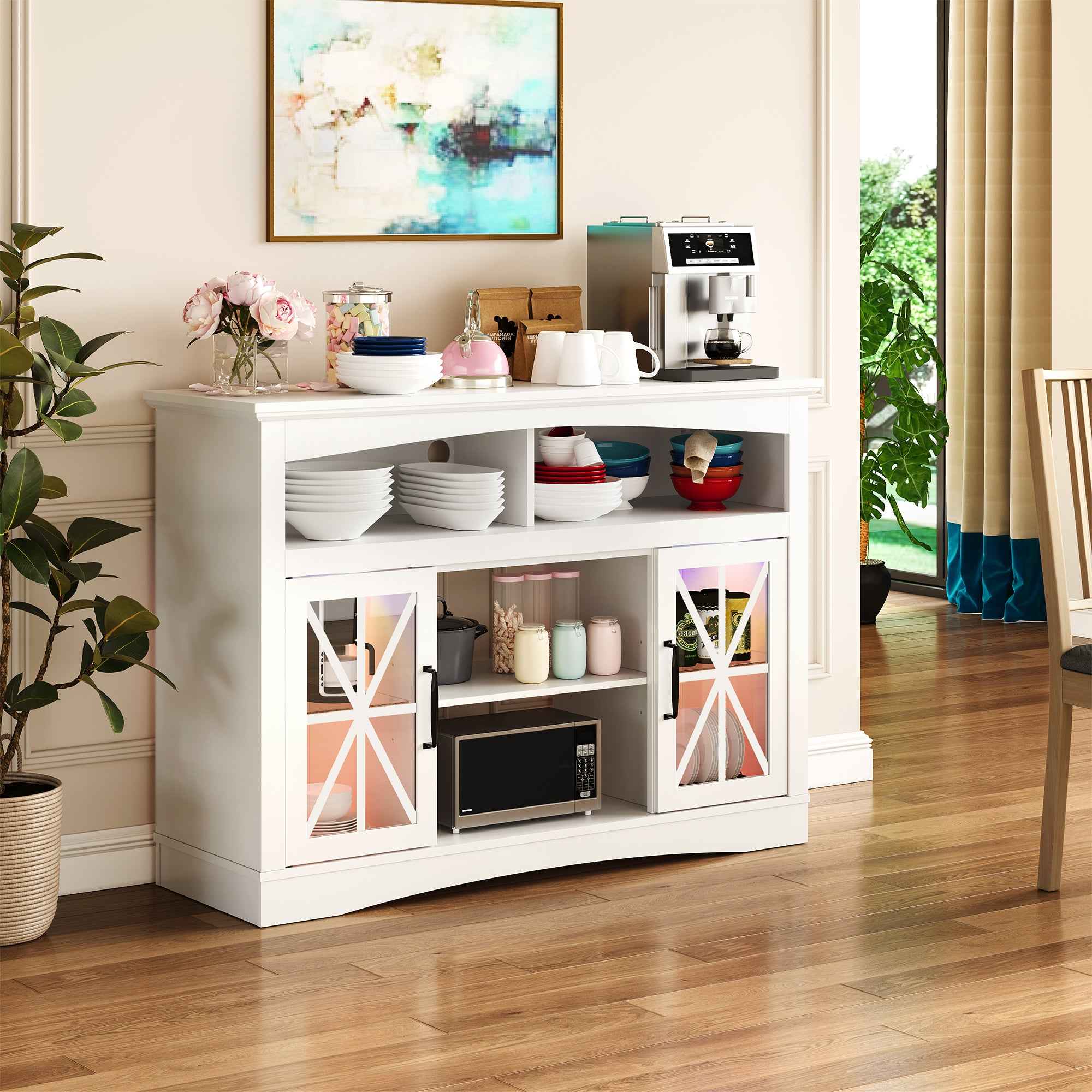 47'' Farmhouse TV Stand with Adjustable Shelves, Retro TV Console with Glass Doors & LED Lights, Media Entertainment Center Storage Cabinet for Living Room, Bedroom, Kitchen, White