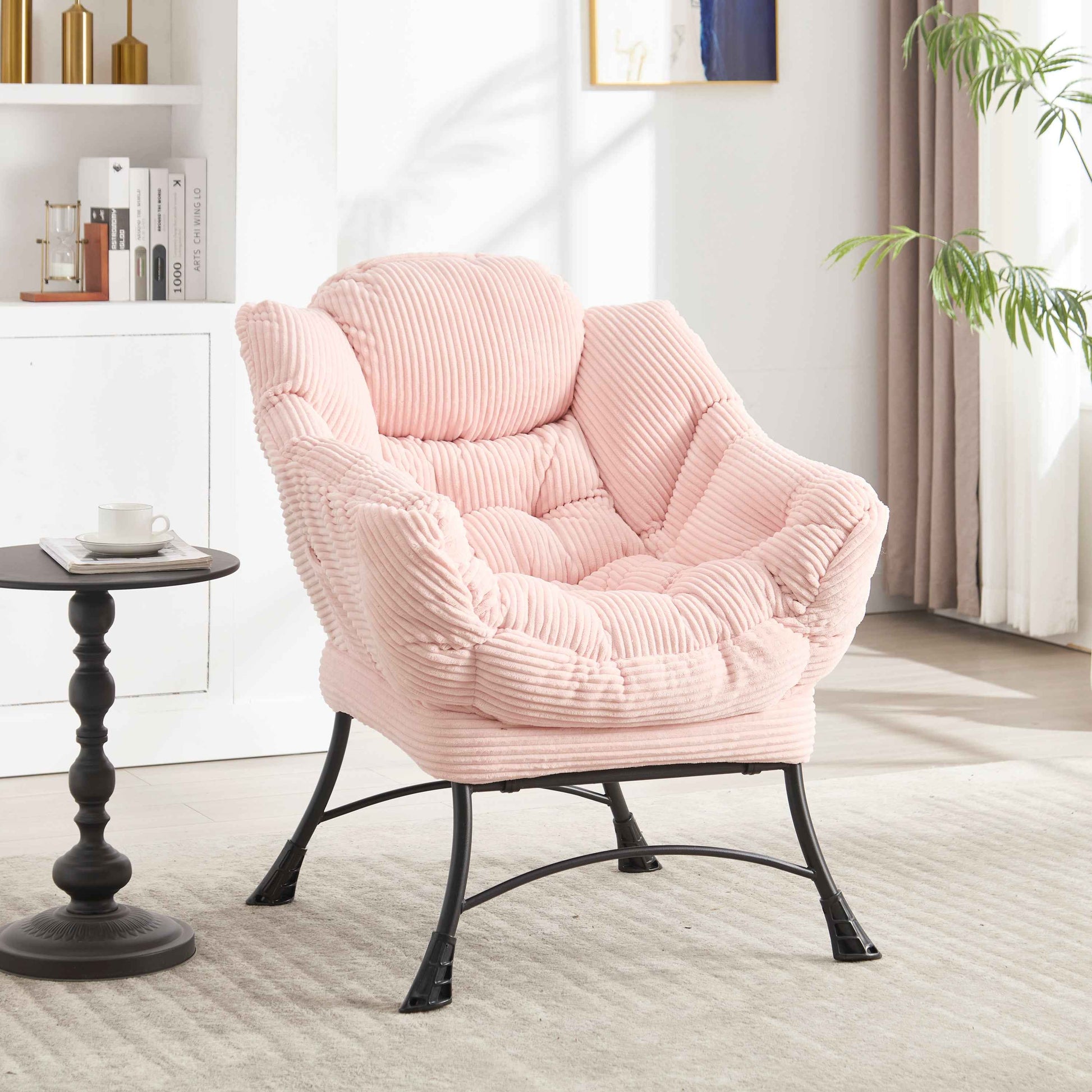 Lazy Chair with Ottoman, Modern Lounge Accent Chair with Armrests and a Side Pocket, Leisure Upholstered Sofa Chair Reading Chair with Footrest for Small Space, Corner Chair-Pink