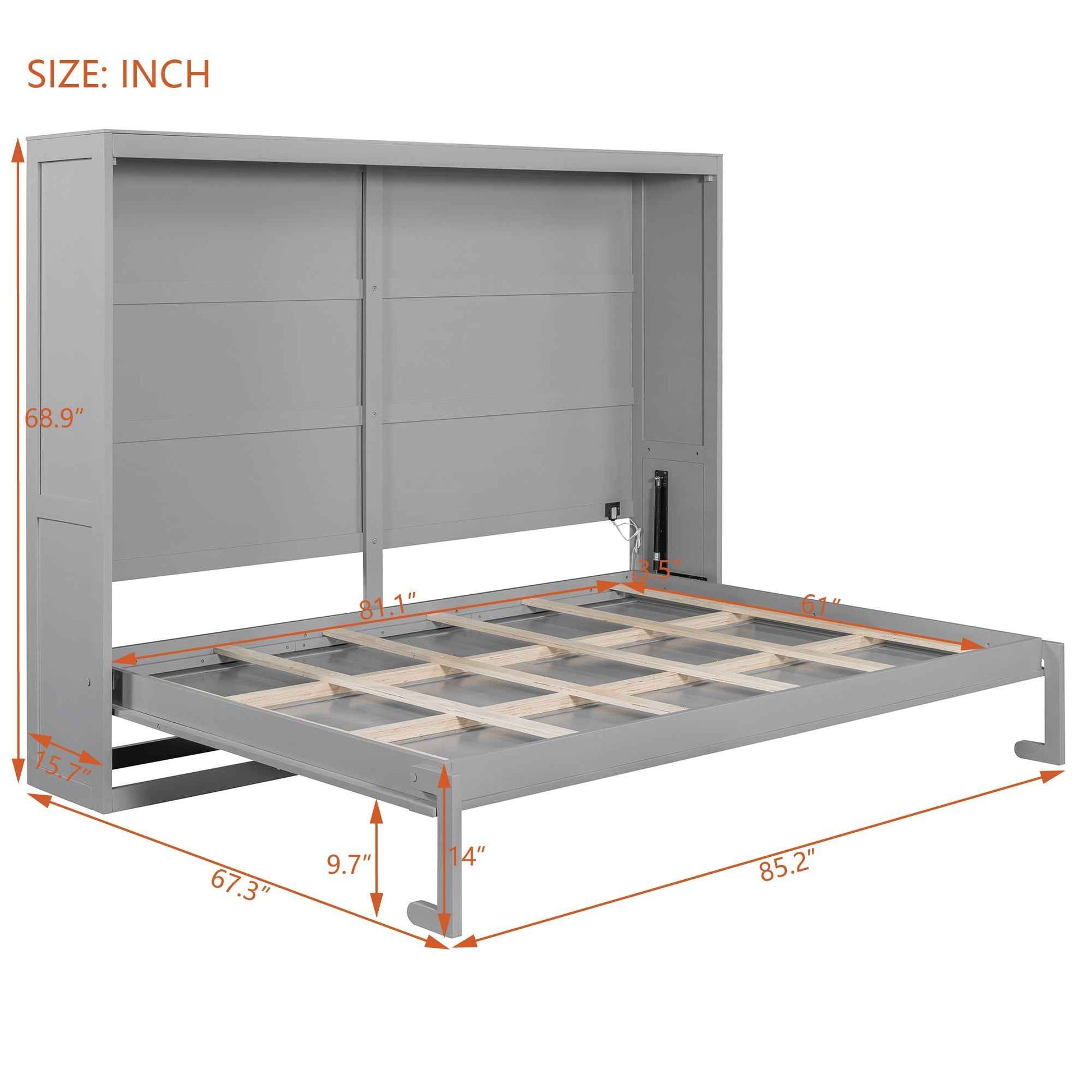 Queen Size Murphy Bed Wall Bed Modern design with LED Lights,Gray