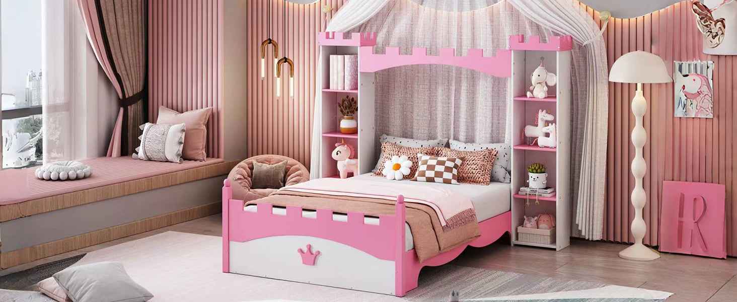 Castle-Shaped Wooden Bed with Storage Shelf, Dreamy Twin Size Platform Bed for Kids Bedroom, White + Pink(Expected Arrival Time:8.14)
