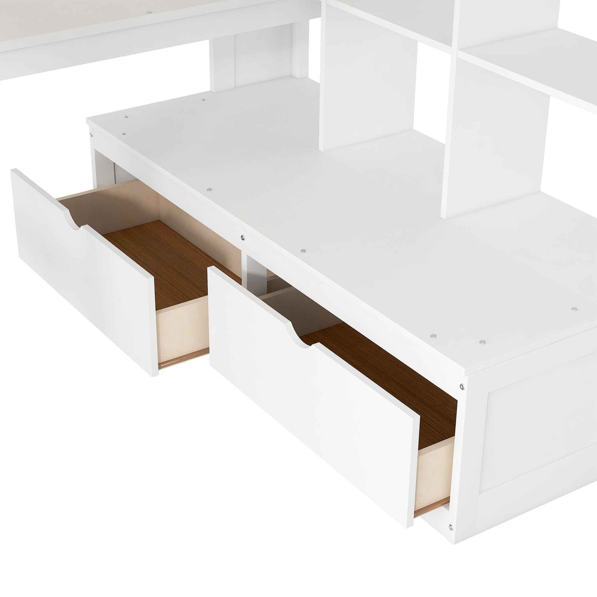 White Full Size Loft Bed with Built-in Desk, Shelves, Two Drawers, Storage Staircase, Solid Pine Wood and MDF