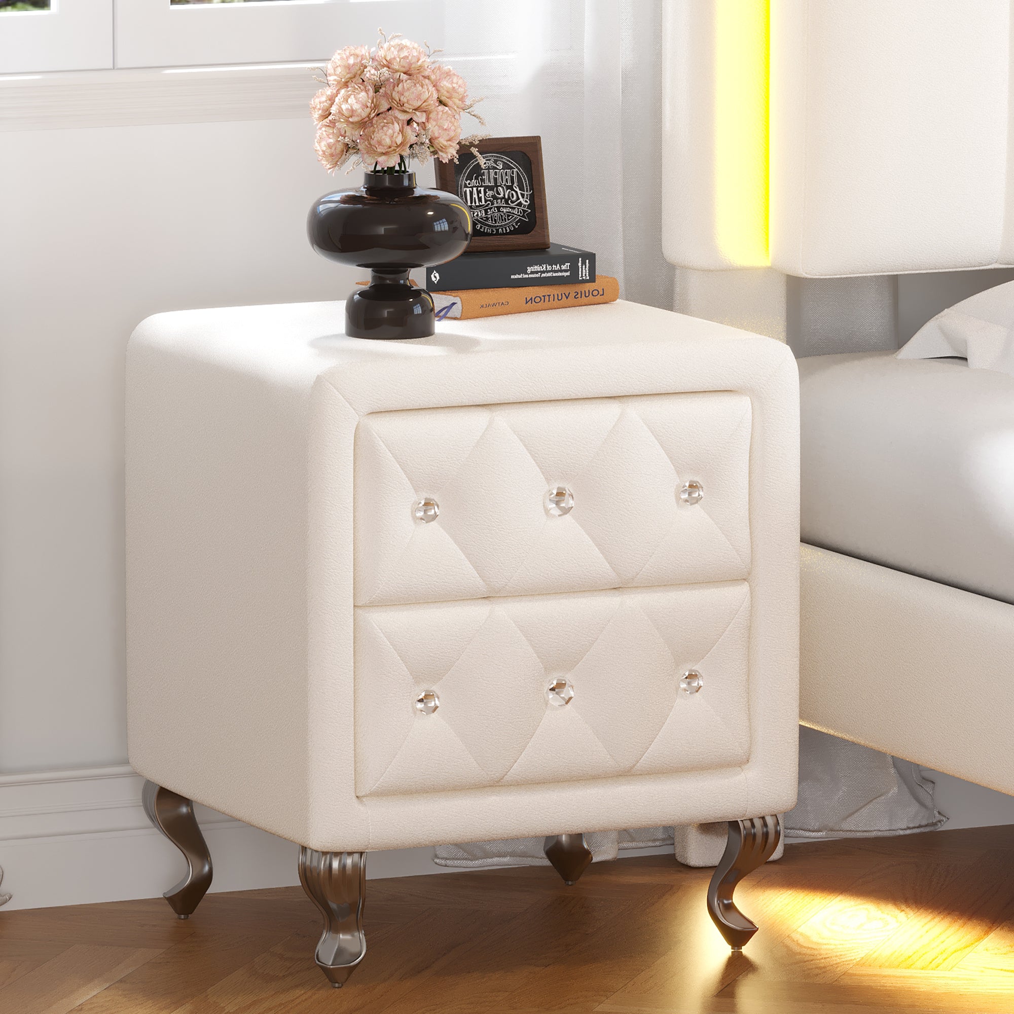 Elegant PU Nightstand with 2 Drawers and Crystal Handle,Fully Assembled Except Legs&Handles,Storage Bedside Table with Metal Legs - White