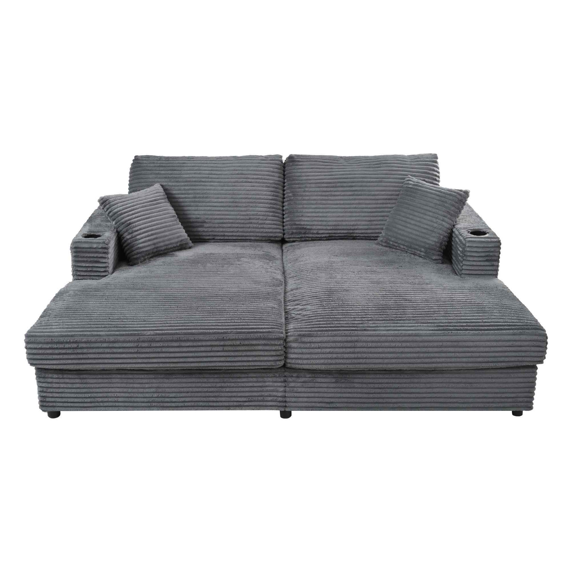 Oversized Loveseat Chaise Lounge Sectional Sofa Bed with USB Ports, Cup Holders, Throw Pillows, Dark Gray Corduroy, 86.5'