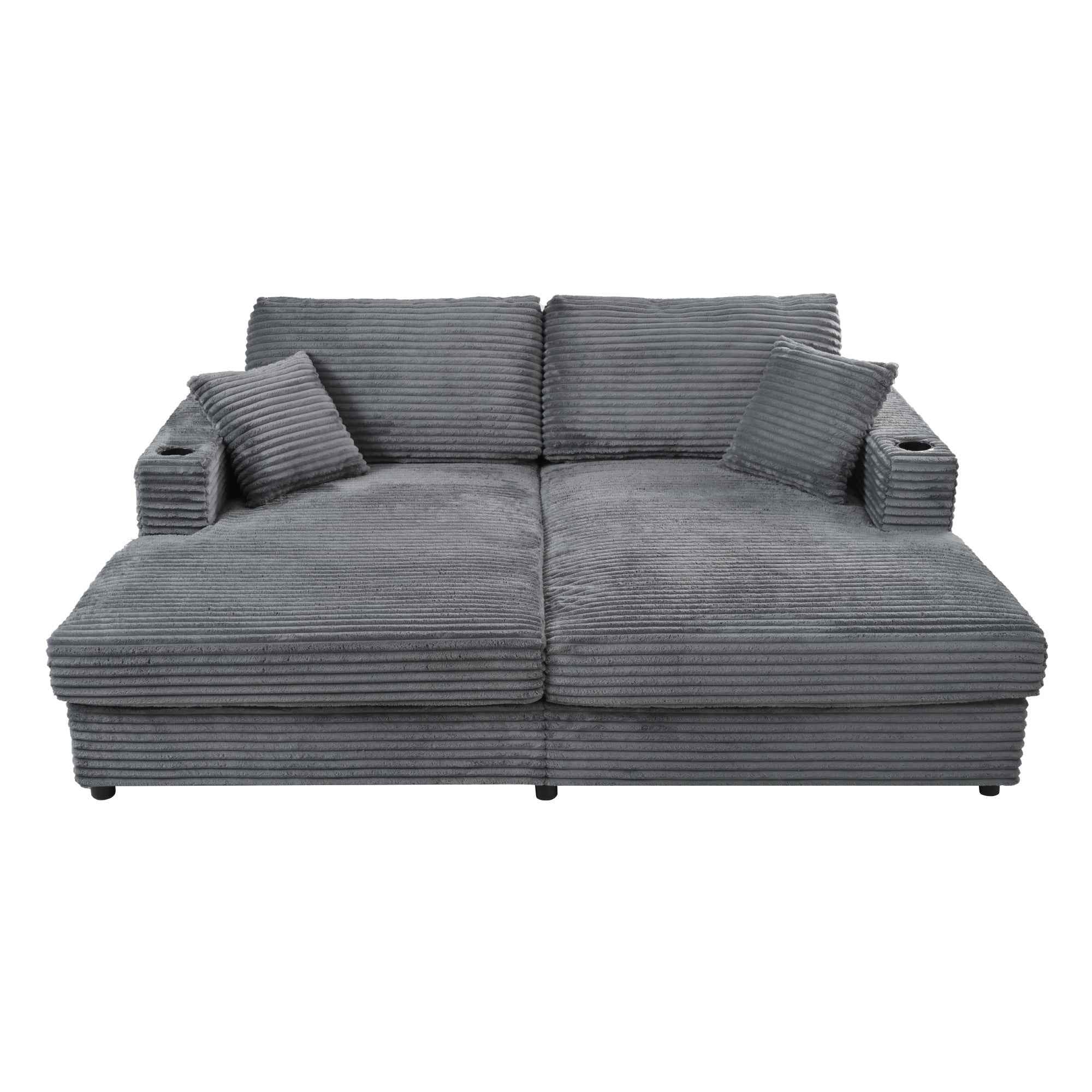 Oversized Loveseat Chaise Lounge Sectional Sofa Bed with USB Ports, Cup Holders, Throw Pillows, Dark Gray Corduroy, 86.5'
