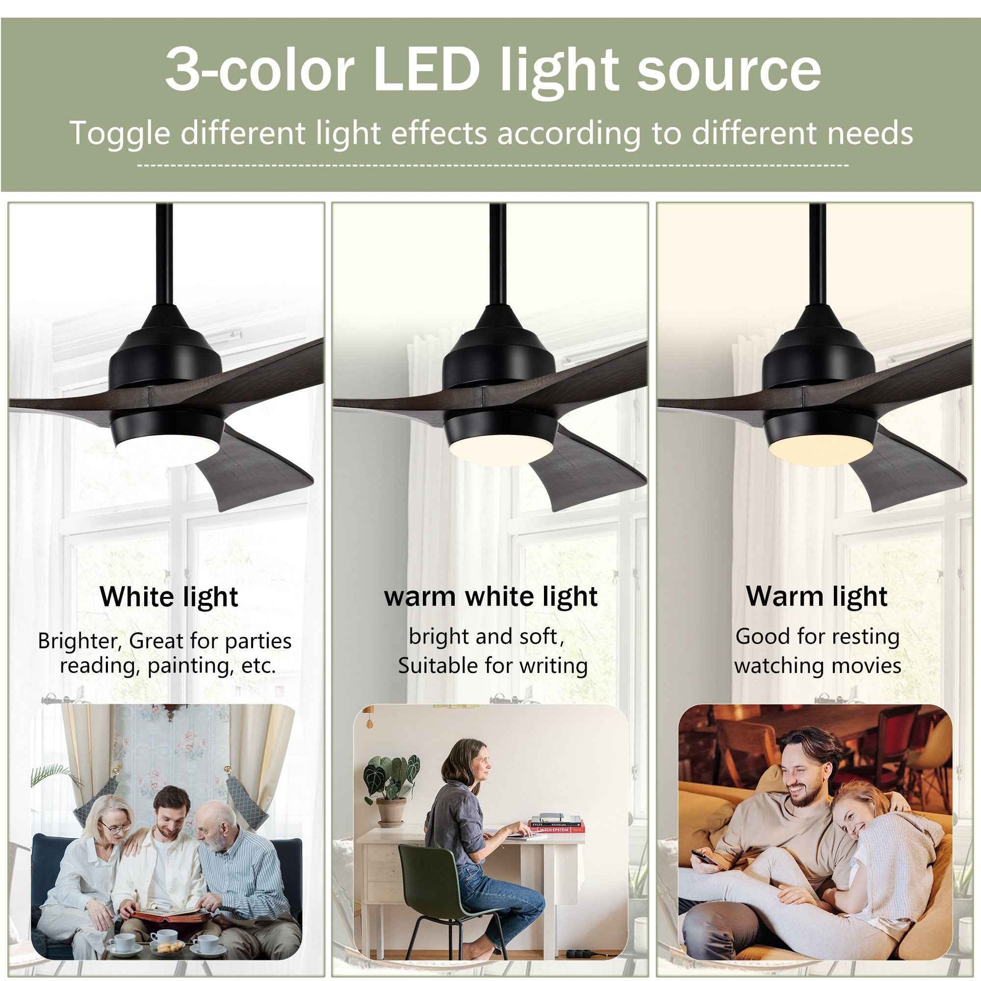52' Ceiling Fan with Lights Remote Control,Quiet DC Motor 3 Blade Ceiling Fans 6 Speed Levels,Reversible Ceiling Fan, for Patio Living Room, Bedroom, Office,Indoor.(Matte Black +Black Walnut )
