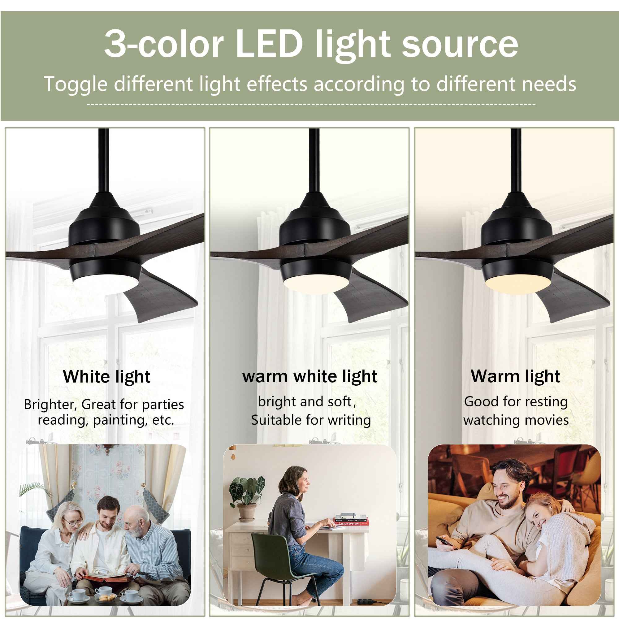 52' Ceiling Fan with Lights Remote Control,Quiet DC Motor 3 Blade Ceiling Fans 6 Speed Levels,Reversible Ceiling Fan, for Patio Living Room, Bedroom, Office,Indoor.(Matte Black +Black Walnut )