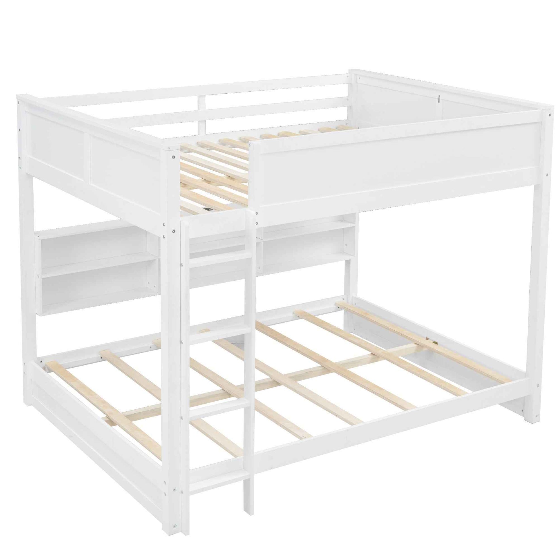 White Queen over Queen Bunk Bed with Storage Cabinets and USB Ports, Pine Wood+MDF