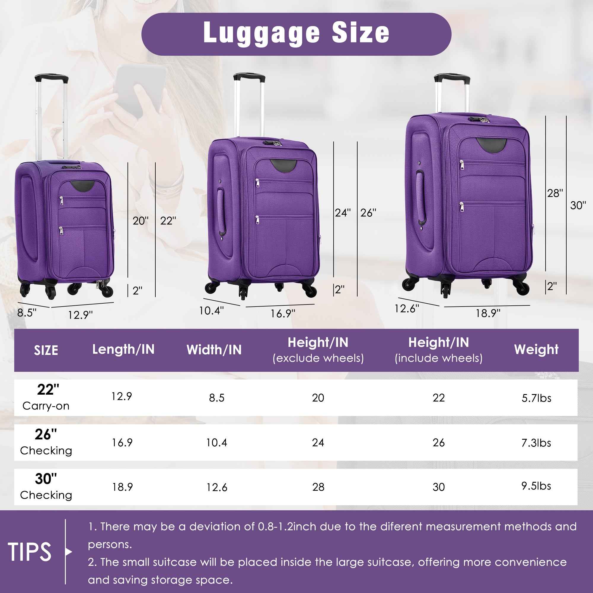 Softside Luggage Expandable 3 Piece Set Suitcase with Duffel Bag Upright Spinner Softshell Lightweight Luggage Travel Set-22/26/30 IN