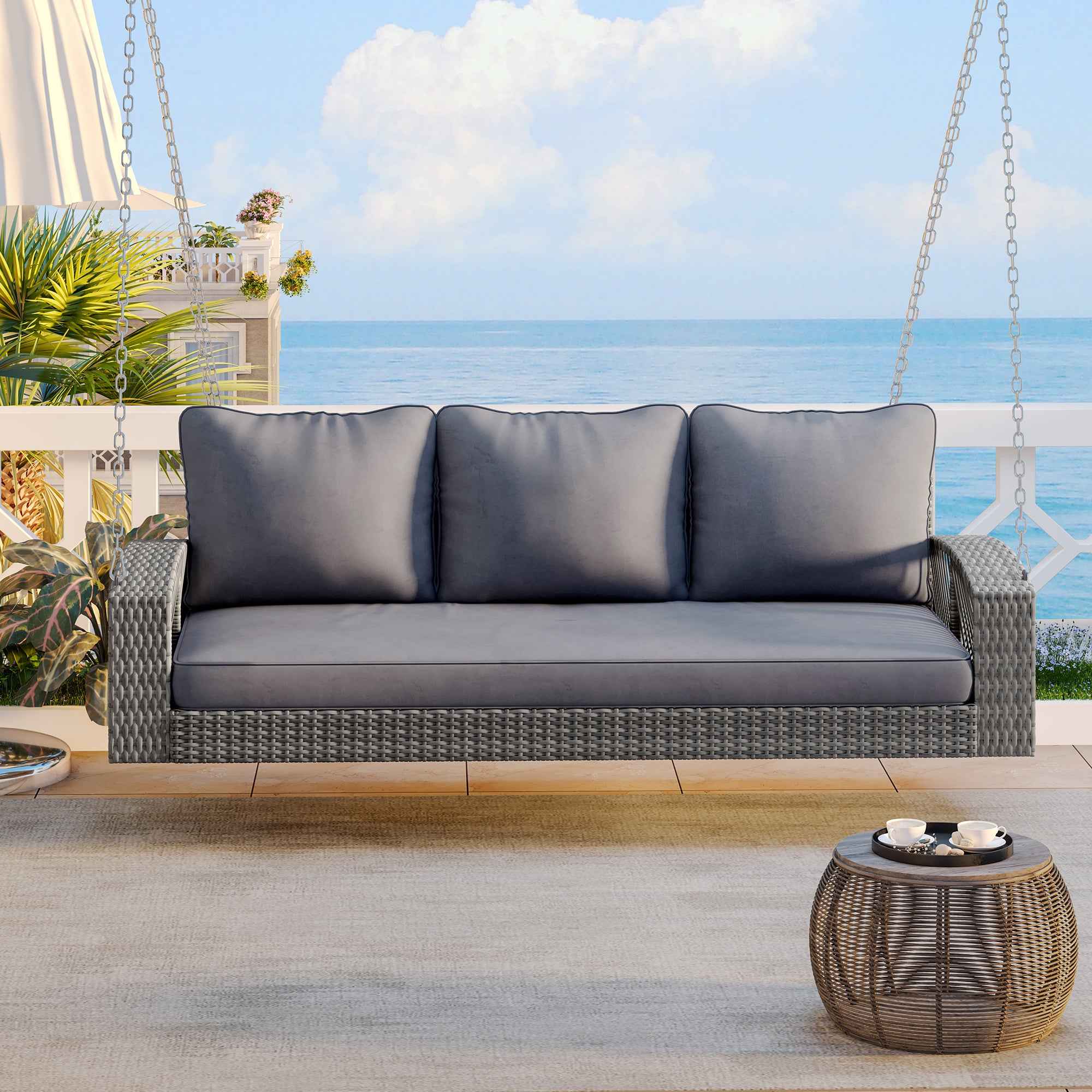 GO 69' PE Wicker 3-Person Porch Swing with Chains, Large Patio Swing Bench with Cushions for Backyard, Garden, and Poolside, Gray69'