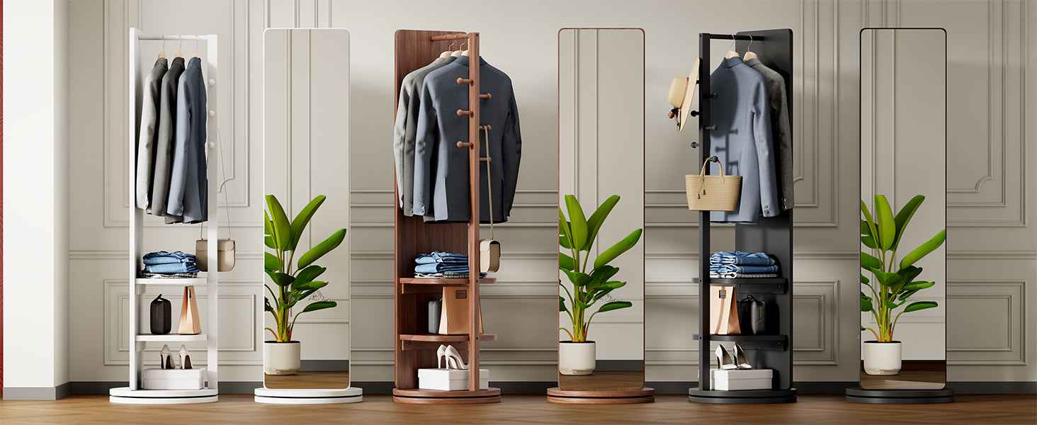 360° Rotating 69'x16' Multifunctional Full Length Mirror with Hook Storage Rack Coat Rack with Mirror Solid Wood Floor Mirror Bedroom Living Room Cloakroom Space Saving (walnut)