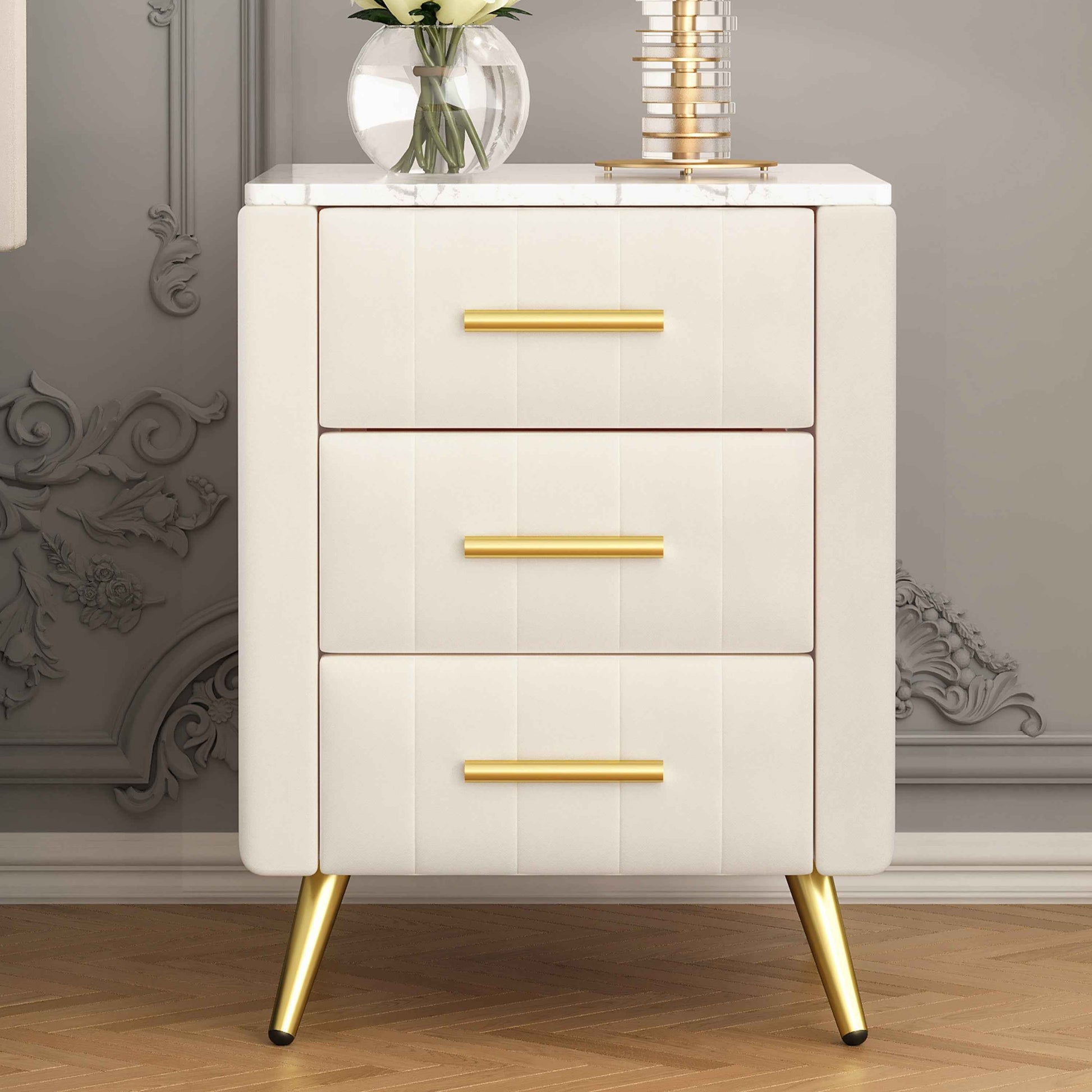Upholstered Wooden Nightstand with 3 Drawers and Metal Legs&Handles, Bedside Table with Marbling Stickers Worktop - Beige