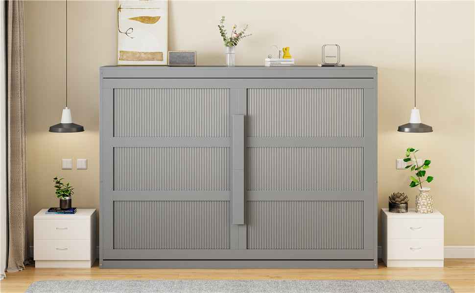 Queen Size Murphy Bed Wall Bed Modern design with LED Lights,Gray