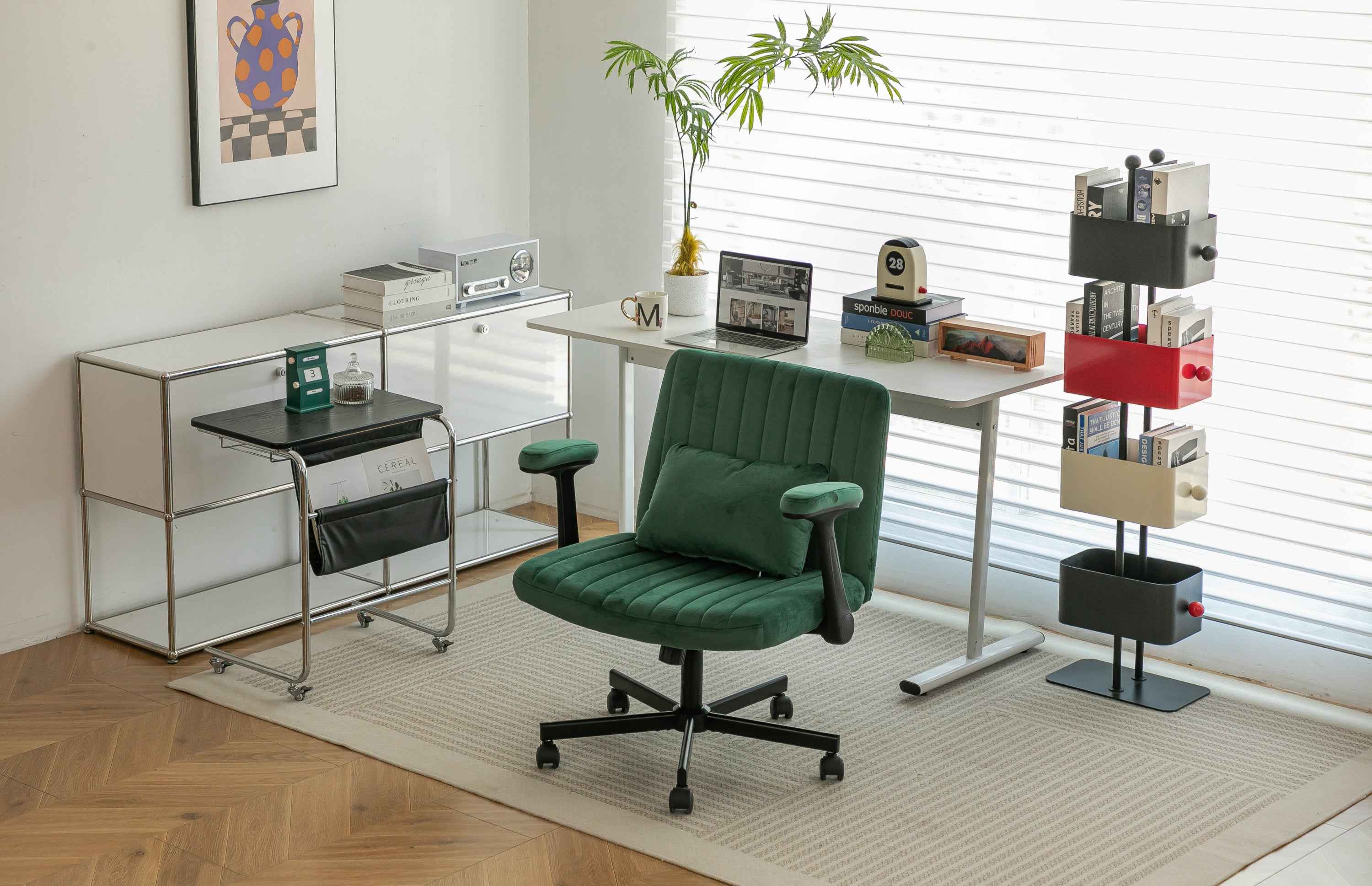 Green Velvet Criss Cross Armrest Office Chair with Wheels - Modern for Home Office, Meditation & Creative Work
