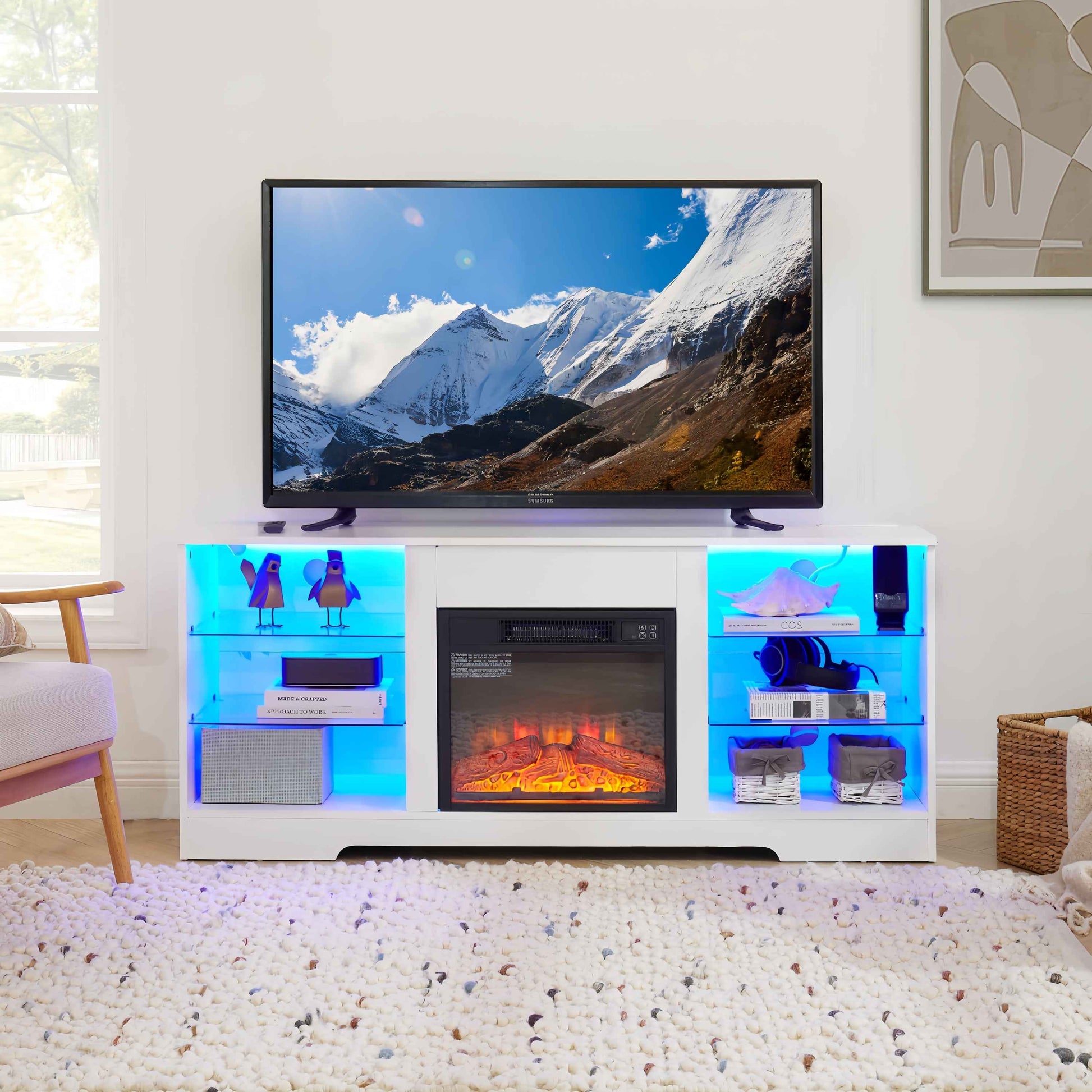 TV Stand Electric Fireplace TV Stand with Glass Shelves, 3D Fireplace TV Stand with LED Lights Wood with USB Charging Outlet Modern Television Table Center for TV up to 32-62' White 58''W*15.4''D*24.6
