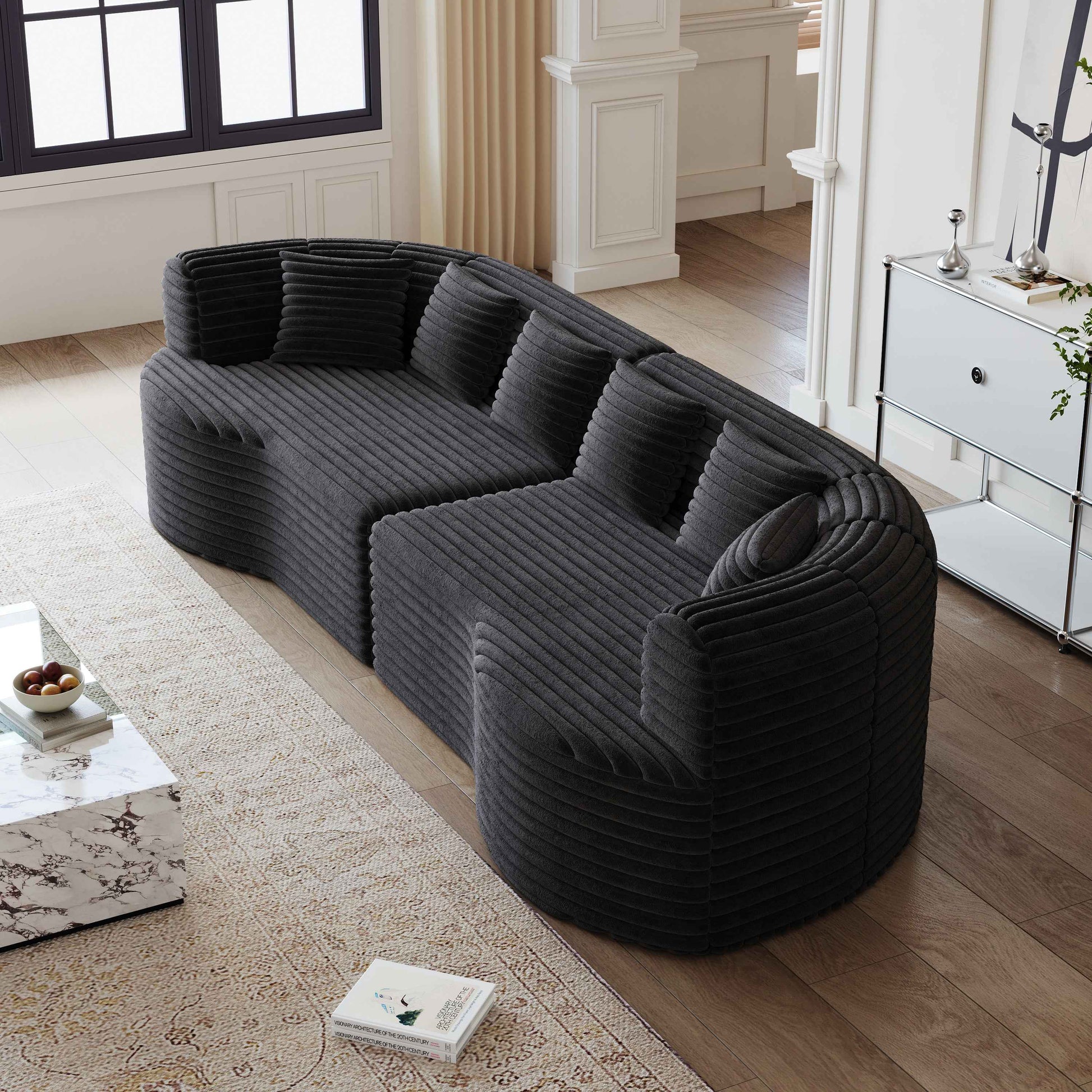 Curved Sectional Sofa, 106.3-inch Oversized Modern Bone-Free Cloud Sofa with 6 Pillows Luxury Corduroy Four-Seater Memory Foam Sofa with Deep Seat Design,black