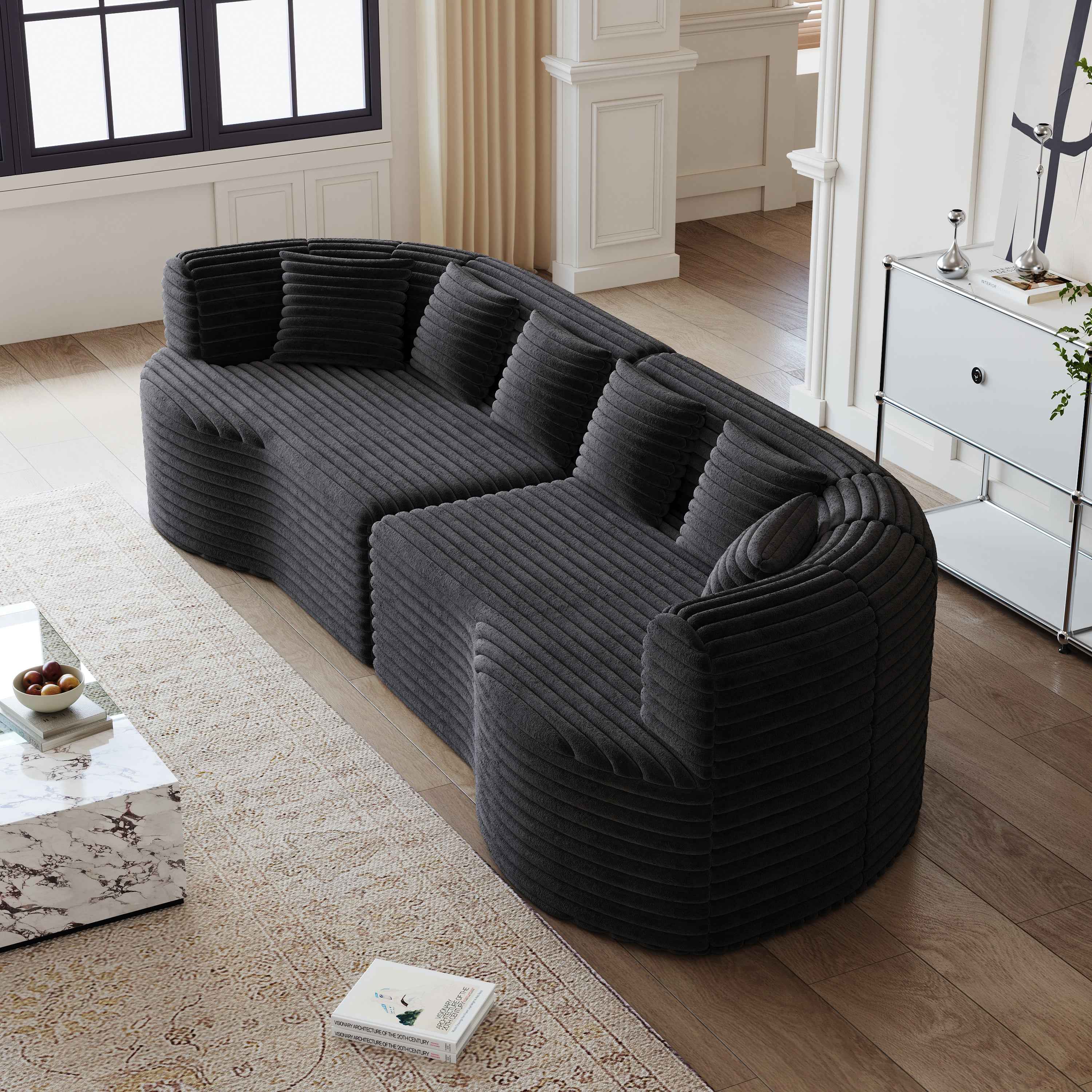 Curved Sectional Sofa, 106.3-inch Oversized Modern Bone-Free Cloud Sofa with 6 Pillows Luxury Corduroy Four-Seater Memory Foam Sofa with Deep Seat Design,black