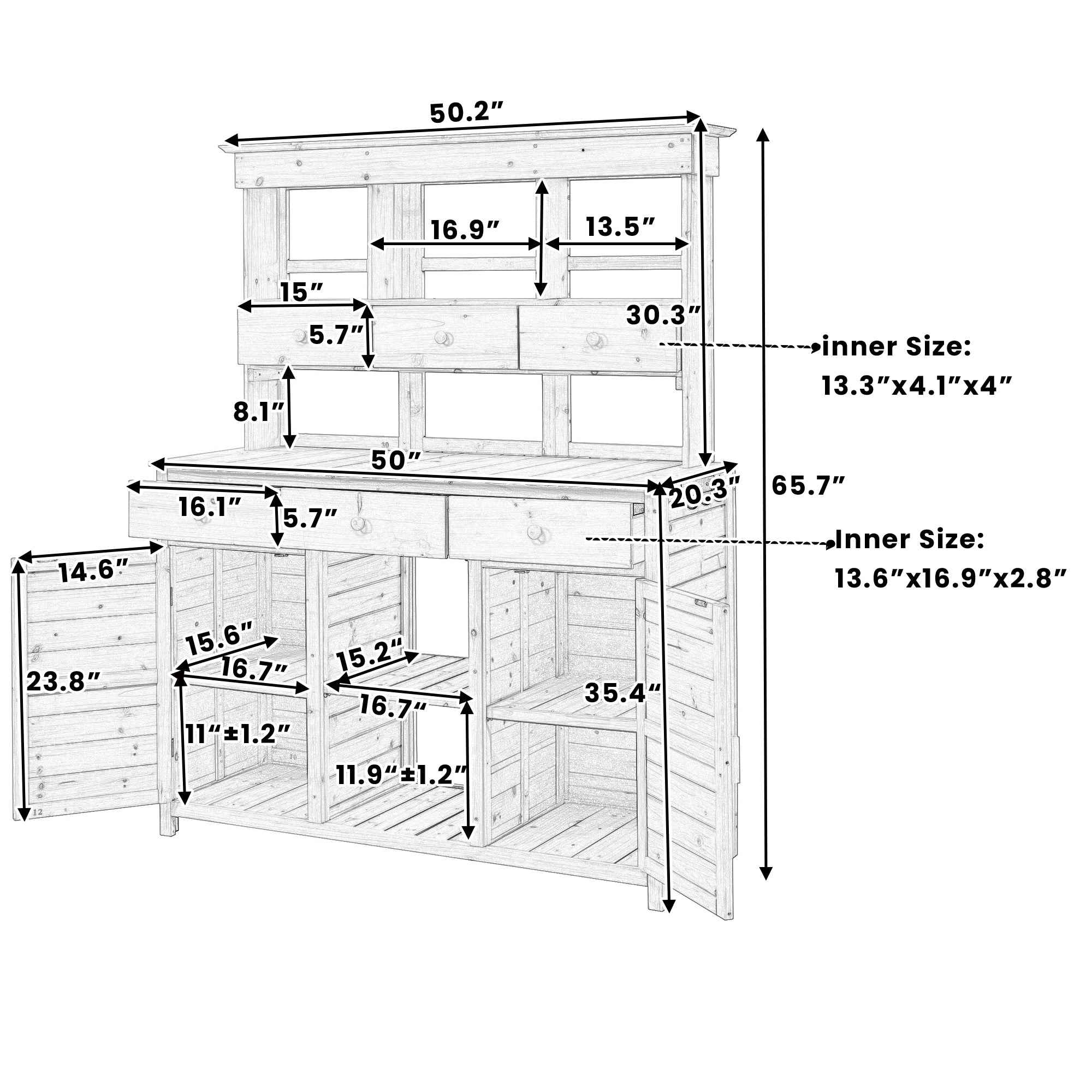 [Assembly Video Provided] TOPMAX 65.7'' H Tall Garden Potting Bench Table with Hutch,Patio Storage Workstation with 3 Shelves,6 Drawers,2 Bottom Cabinets&Side Hooks for Mudroom,Doorway, White