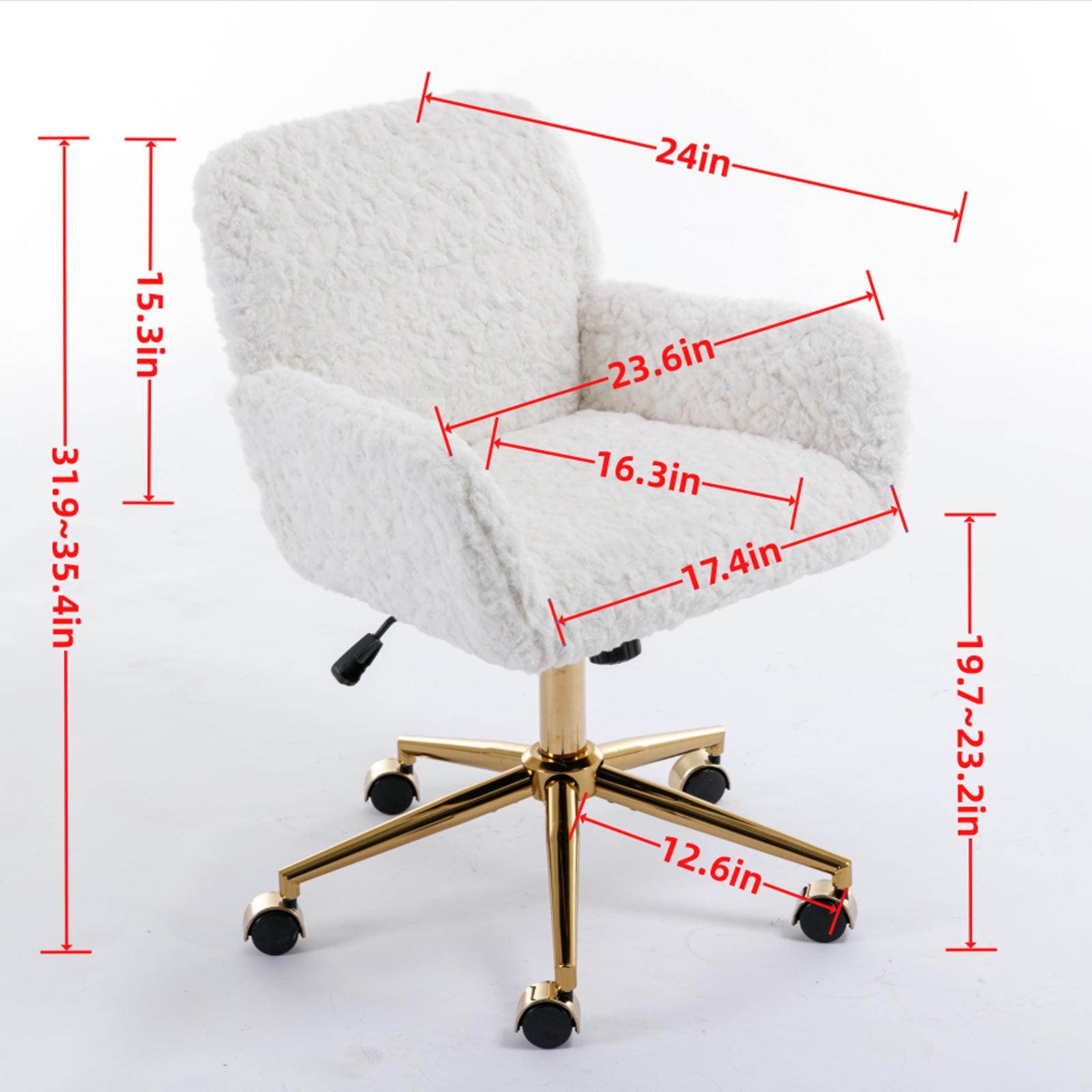 A&A Furniture Artificial Rabbit Hair Office Chair with Golden Metal Base, Adjustable Swivel Vanity Chair, Beige Velvet - Abrihome