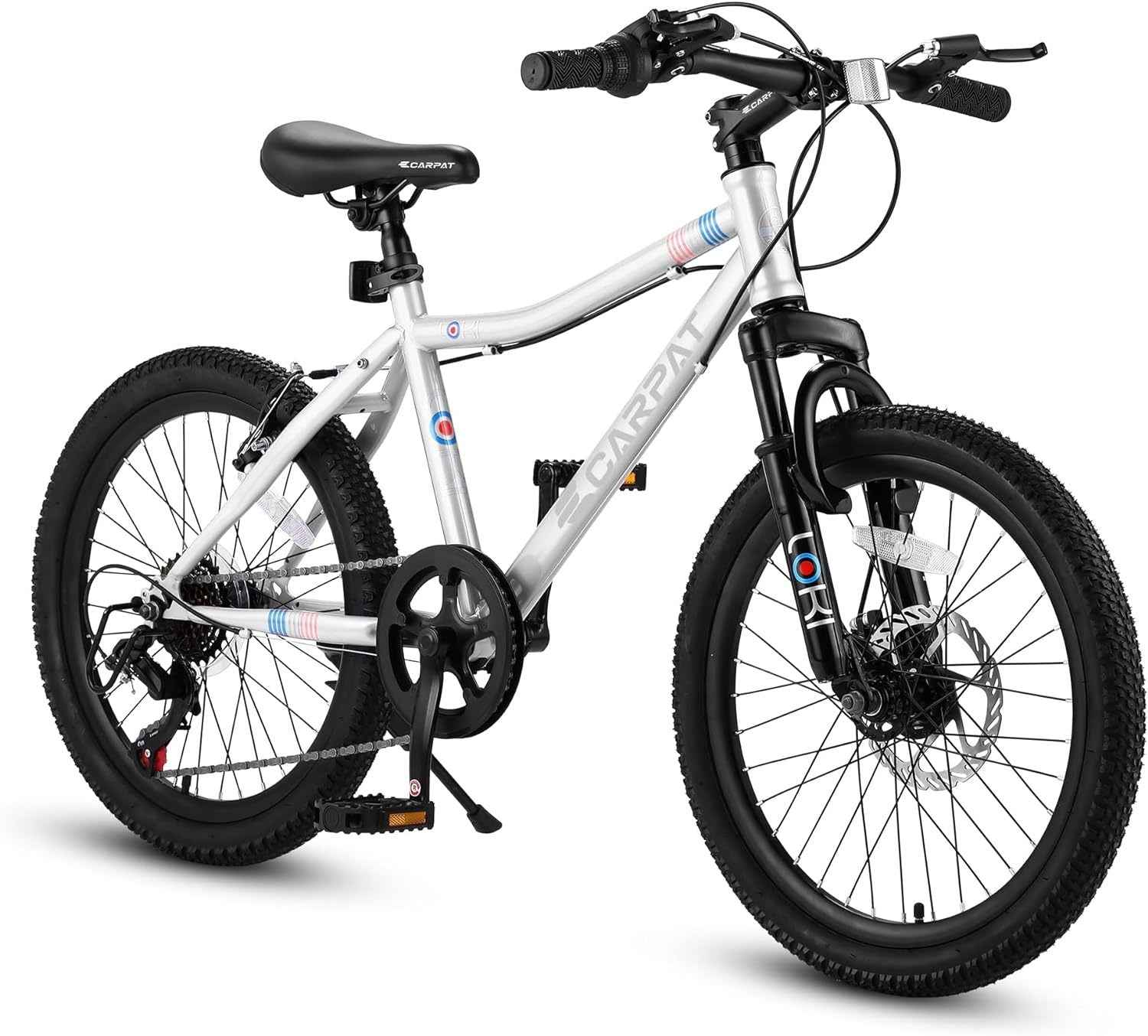 Ecarpat S20101 20 Inch Kids' Mountain Bike, 7 Speed, Front Suspension, White Steel Frame