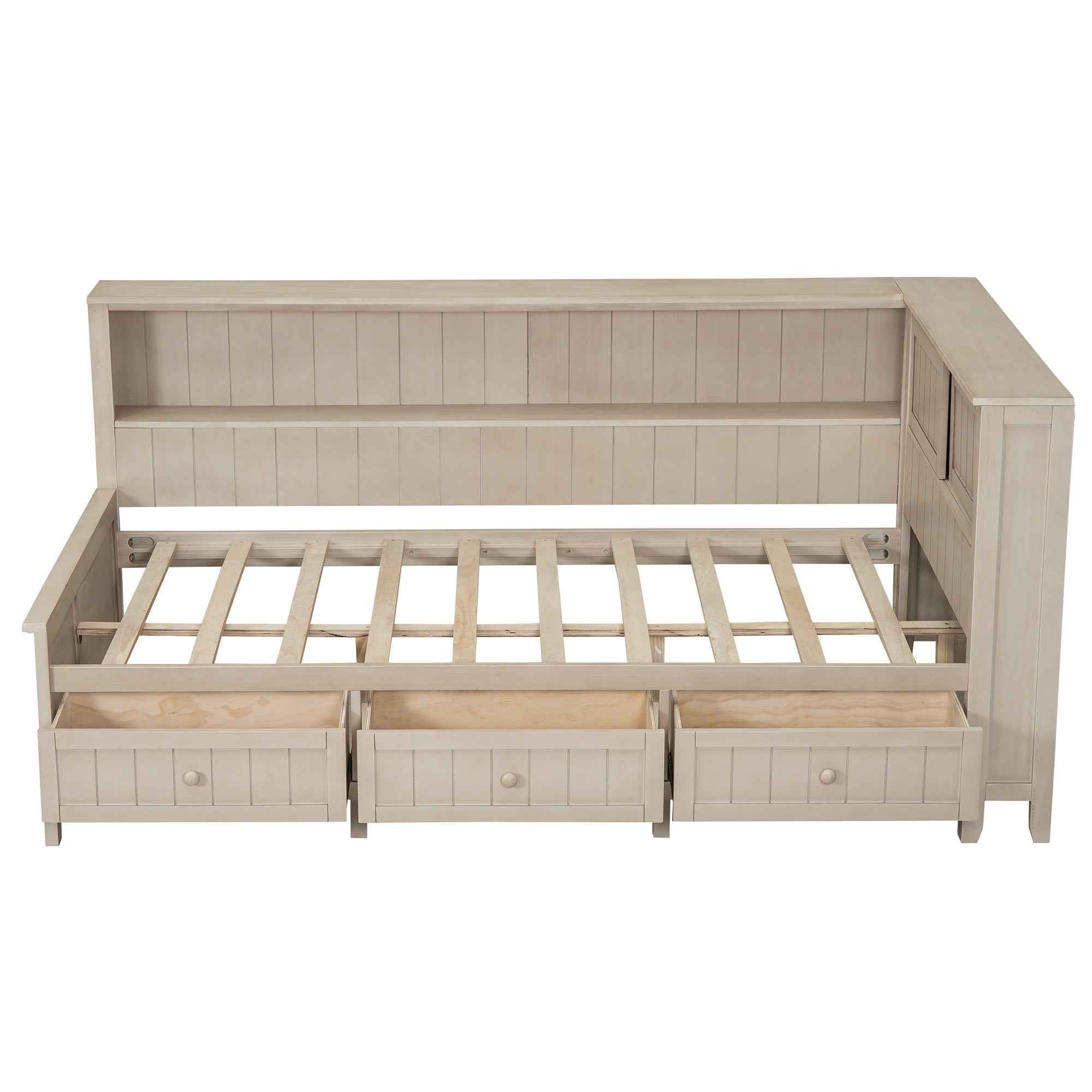 Twin Size Wood Daybed with Storage Shelves and 3 Drawers in Antique White Milk Finish, Solid Pine Wood and MDF