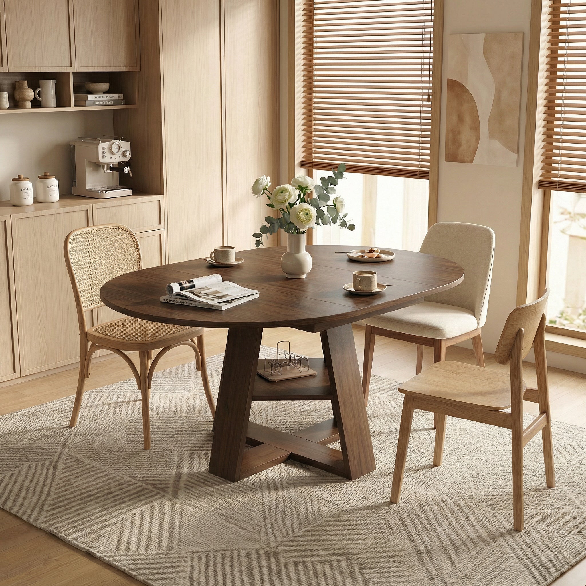 43.3in-59in Extendable Round Dining Table for 4-8,Modern Kitchen Oval Dining Table with Removable Leaves Space Saving,Wood Base with Storage Shelf for Kitchen Living Room (Walnut)