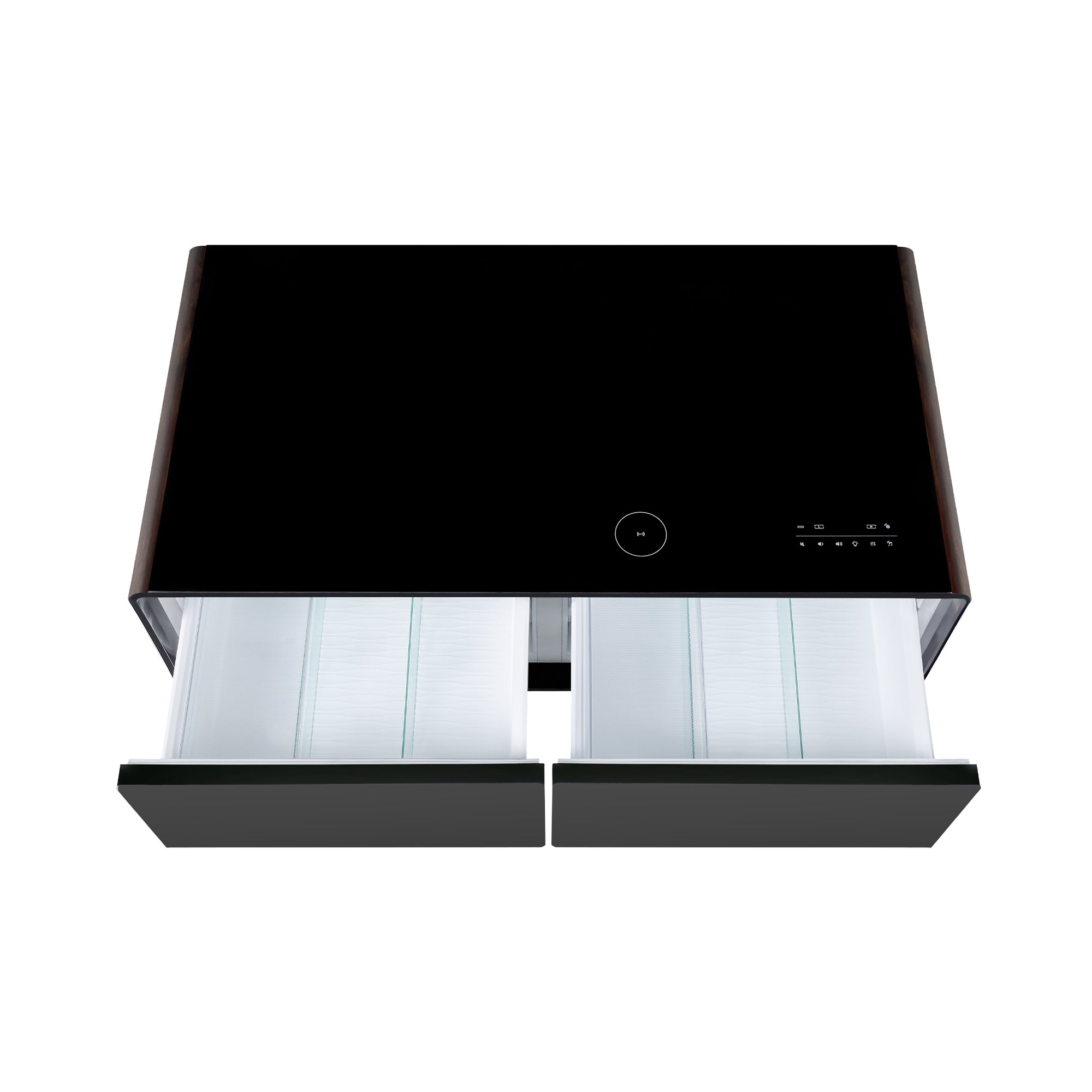 Modern Smart Coffee Table with Built-in Fridge, Bluetooth Speaker, Wireless Charging Module, Touch Control Panel, Power Socket, USB Interface, Outlet Protection, Atmosphere light, Black