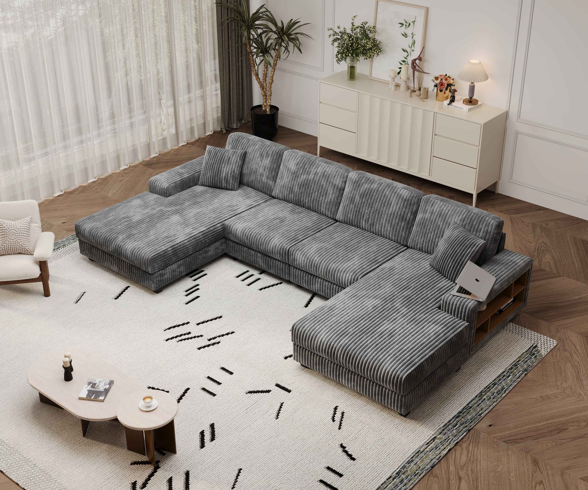 Convertible U-shaped Combination Sofa, Corduroy Fabric, Modern Comfortable Large Size 4 Seat Sofa, Living Room Double Lounge Chair , Dark Grey