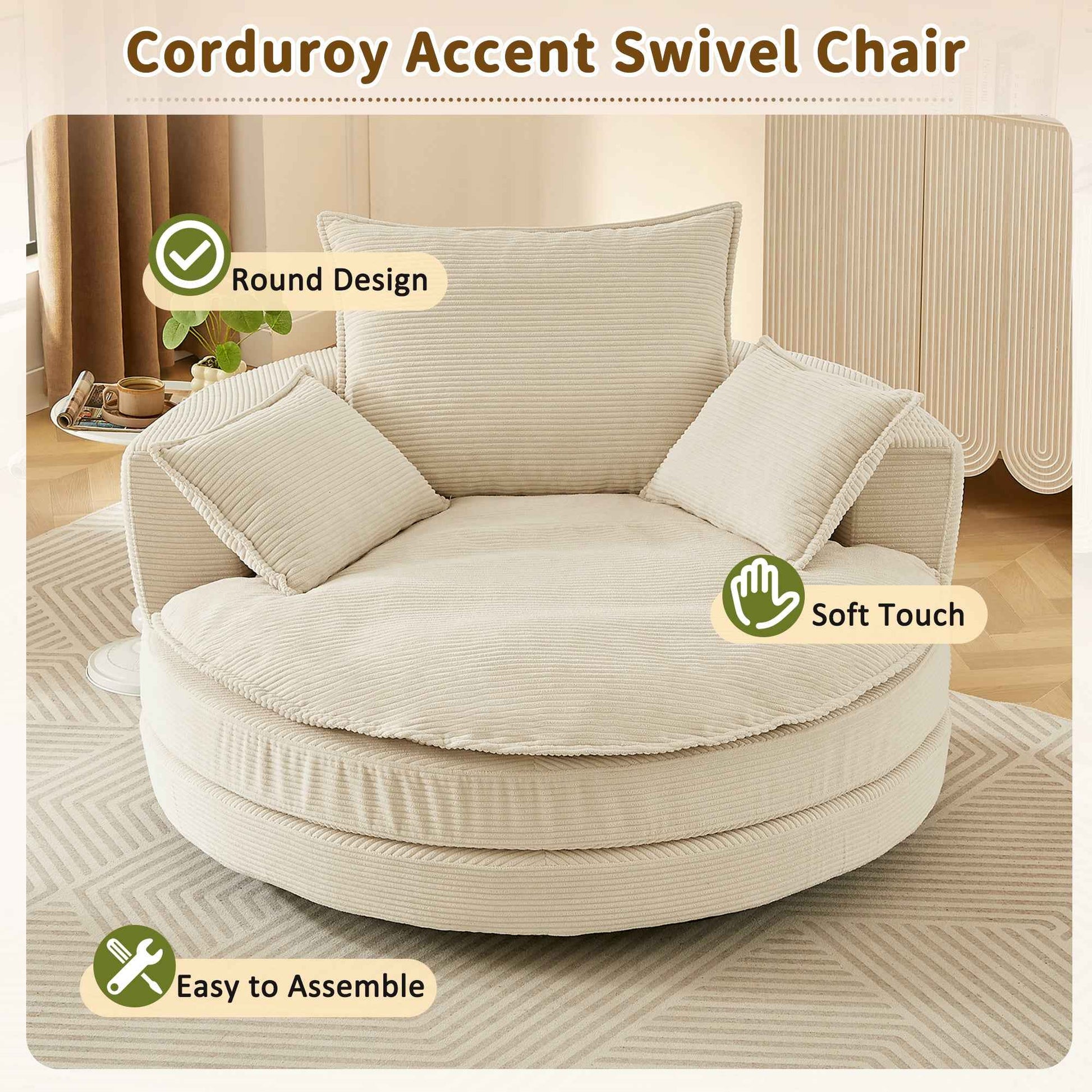 Accent Barrel Chair 360° Swivel Sofa Chair with Dual-layer Cushion and 3 Removable Pillows, Beige Corduroy, 57.5'