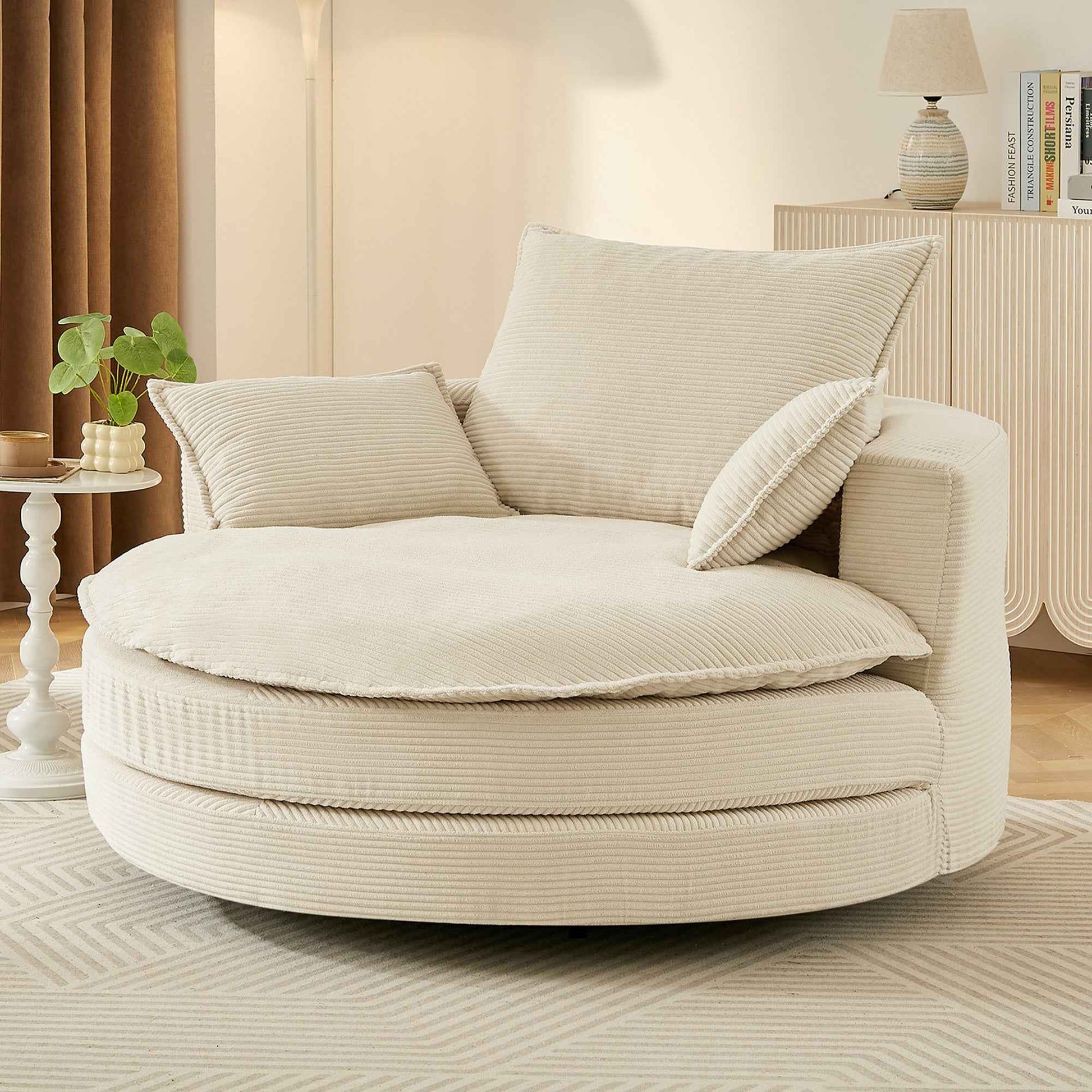 Accent Barrel Chair 360° Swivel Sofa Chair with Dual-layer Cushion and 3 Removable Pillows, Beige Corduroy, 57.5'