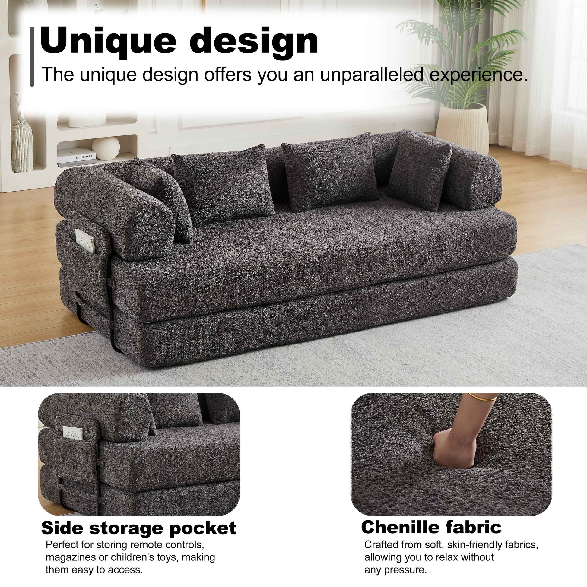 78.7-Inch Convertible Sleeper Sofa Bed with Cylindrical Pillow, Chenille Folding Mattress Couch with ,Folding Sofa Bed with Side Pocket, Floor Sofa Lounge Couch for Living Room Bedroom Lounge Studio