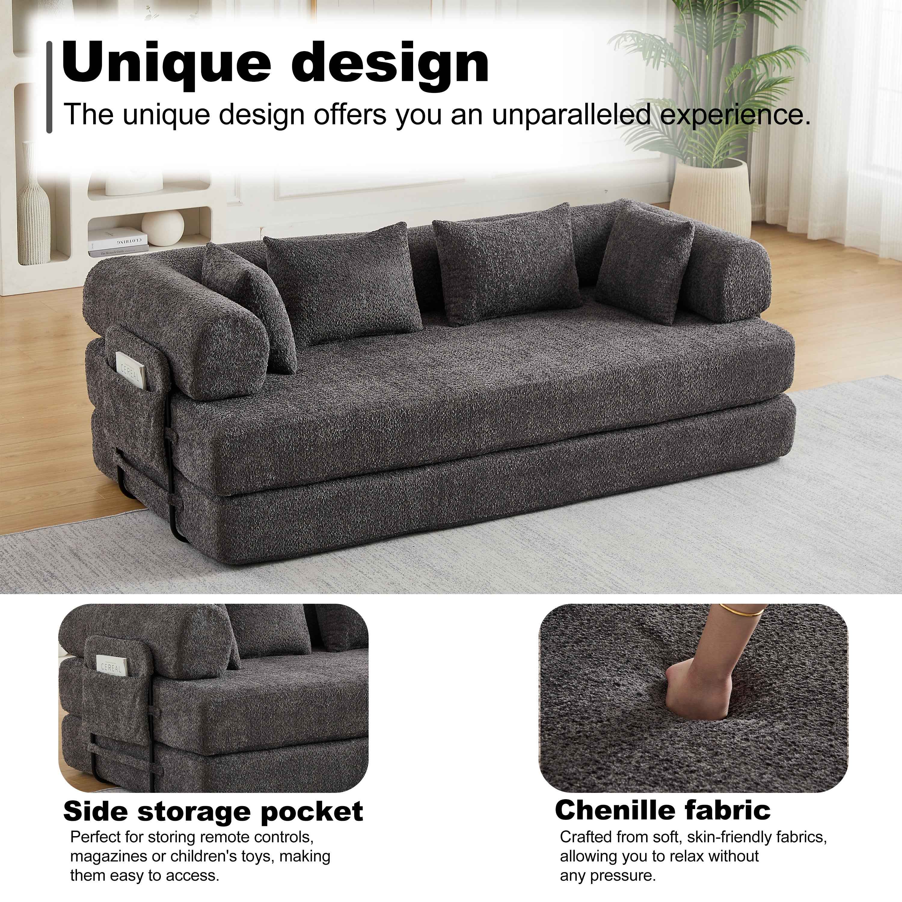 78.7-Inch Convertible Sleeper Sofa Bed with Cylindrical Pillow, Chenille Folding Mattress Couch with ,Folding Sofa Bed with Side Pocket, Floor Sofa Lounge Couch for Living Room Bedroom Lounge Studio
