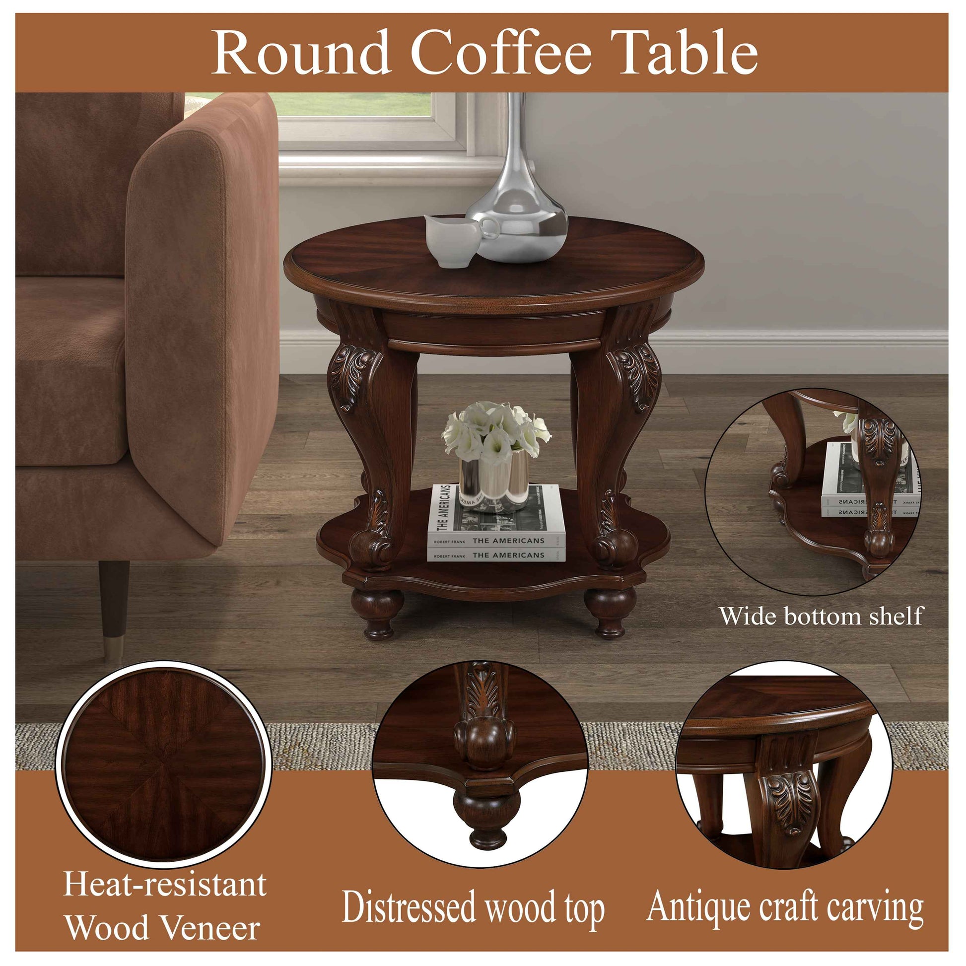 22'' Retro Round End Table,Solid Wood Sofa Side Table with Shelf,Living Room Corner Table Easy Assemble,Cherry