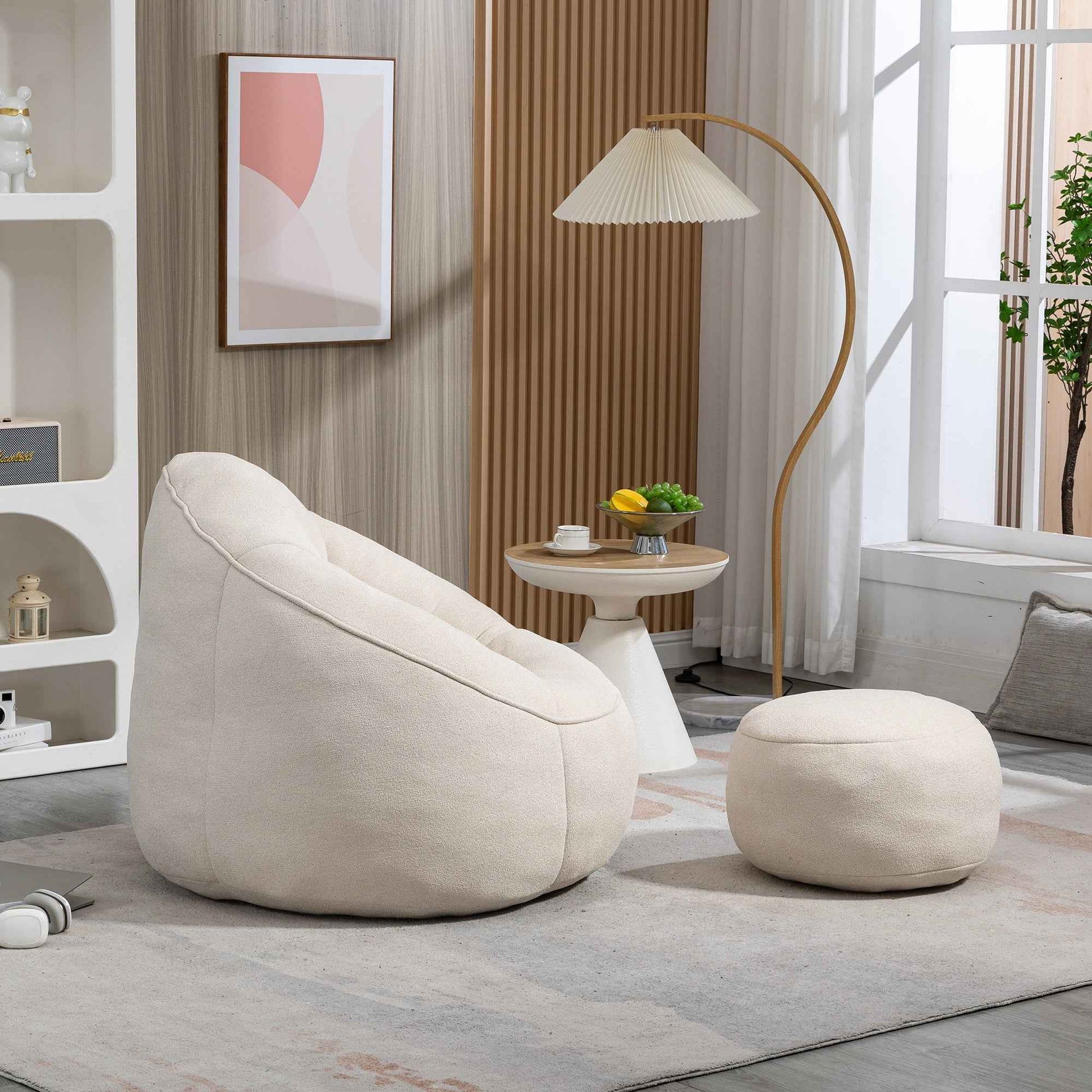 Bedding Bean Bag Sofa Chair with High-Pressure Foam and Footrest, Beige Microfiber