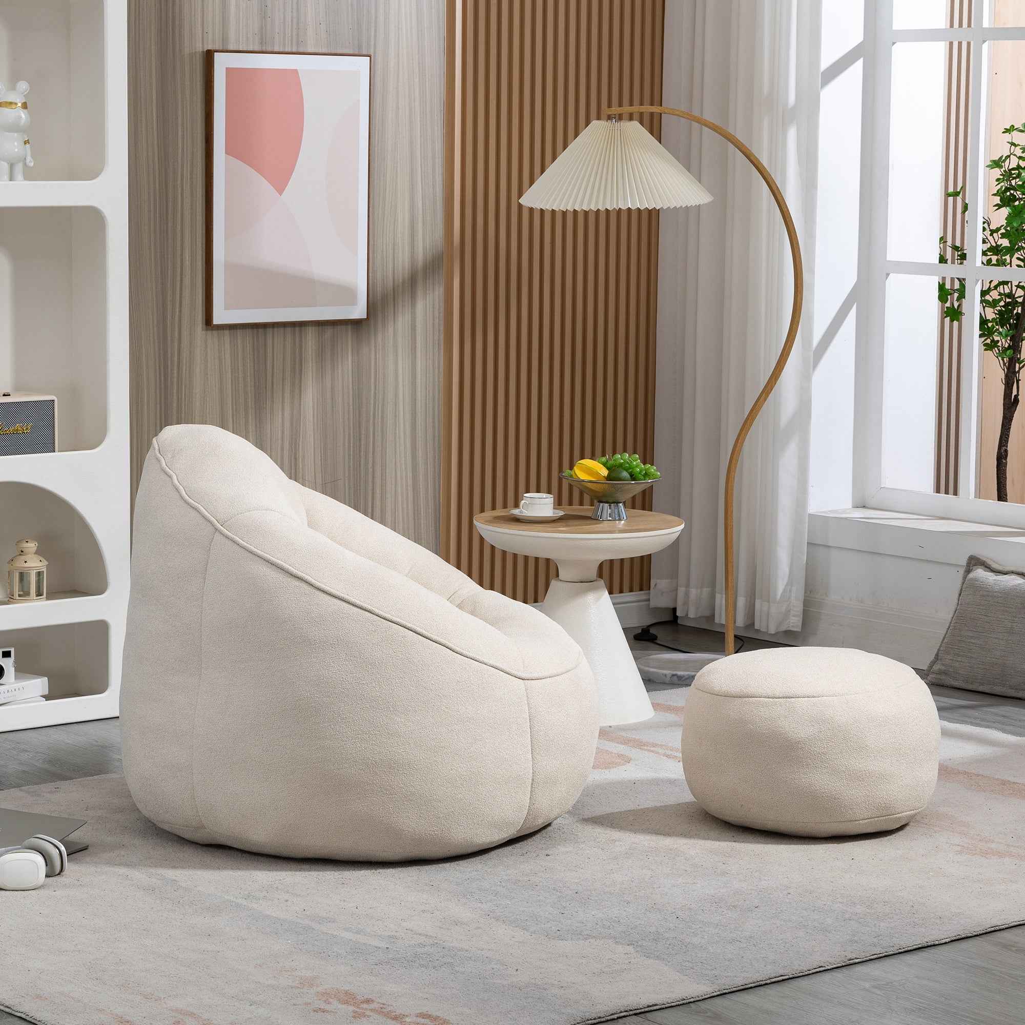 Bedding Bean Bag Sofa Chair with High-Pressure Foam and Footrest, Beige Microfiber