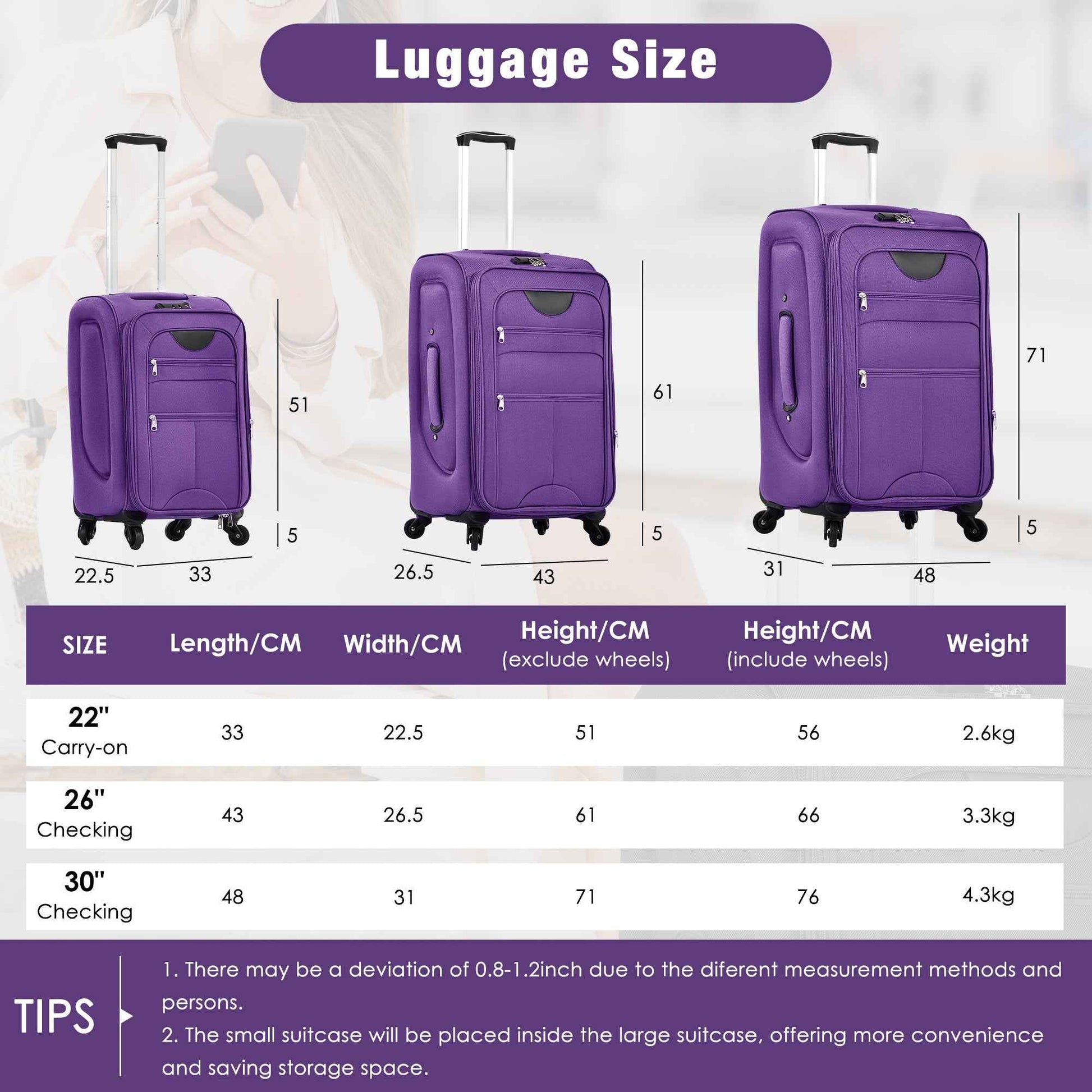 Softside Luggage Expandable 3 Piece Set Suitcase with Duffel Bag Upright Spinner Softshell Lightweight Luggage Travel Set-22/26/30 IN