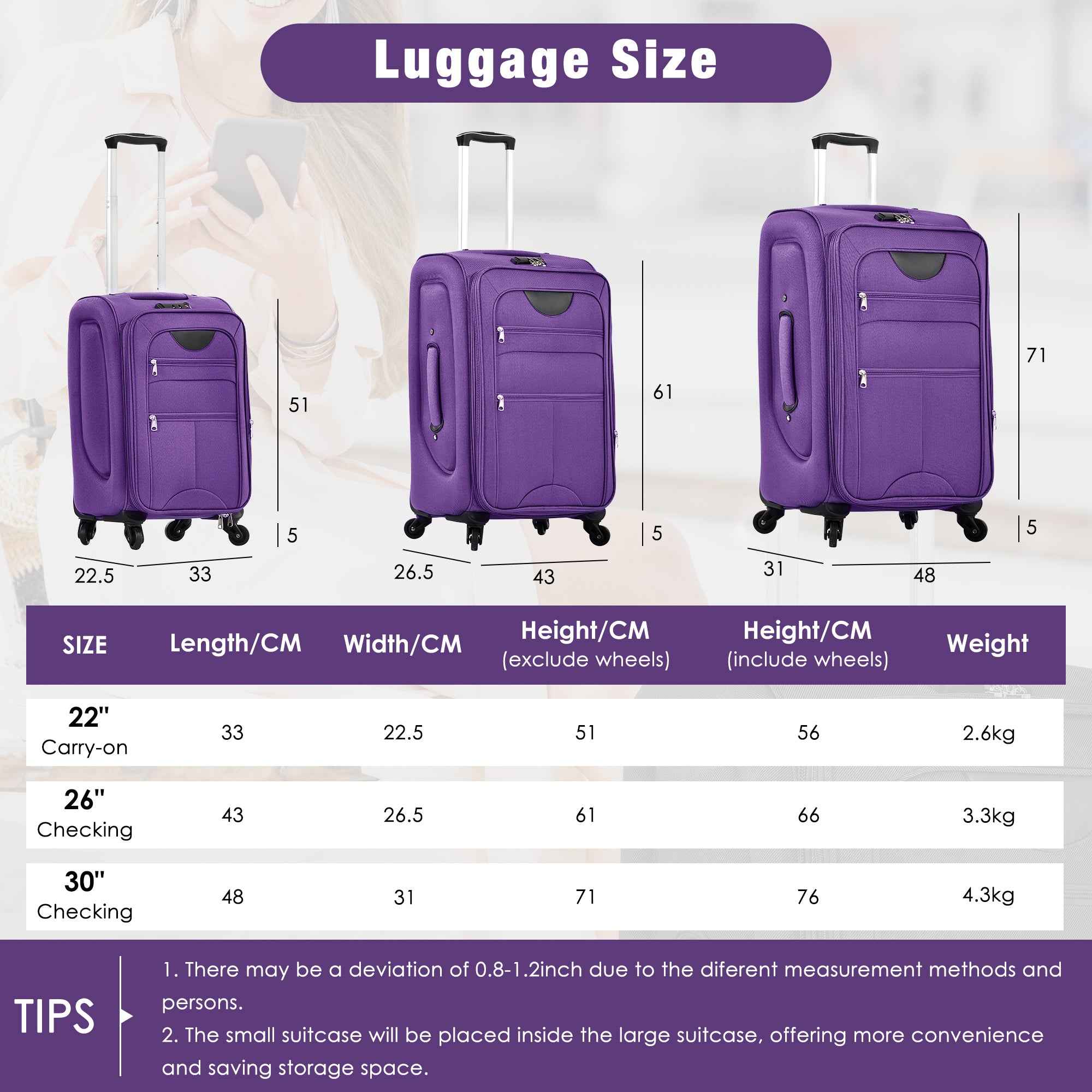Softside Luggage Expandable 3 Piece Set Suitcase with Duffel Bag Upright Spinner Softshell Lightweight Luggage Travel Set-22/26/30 IN