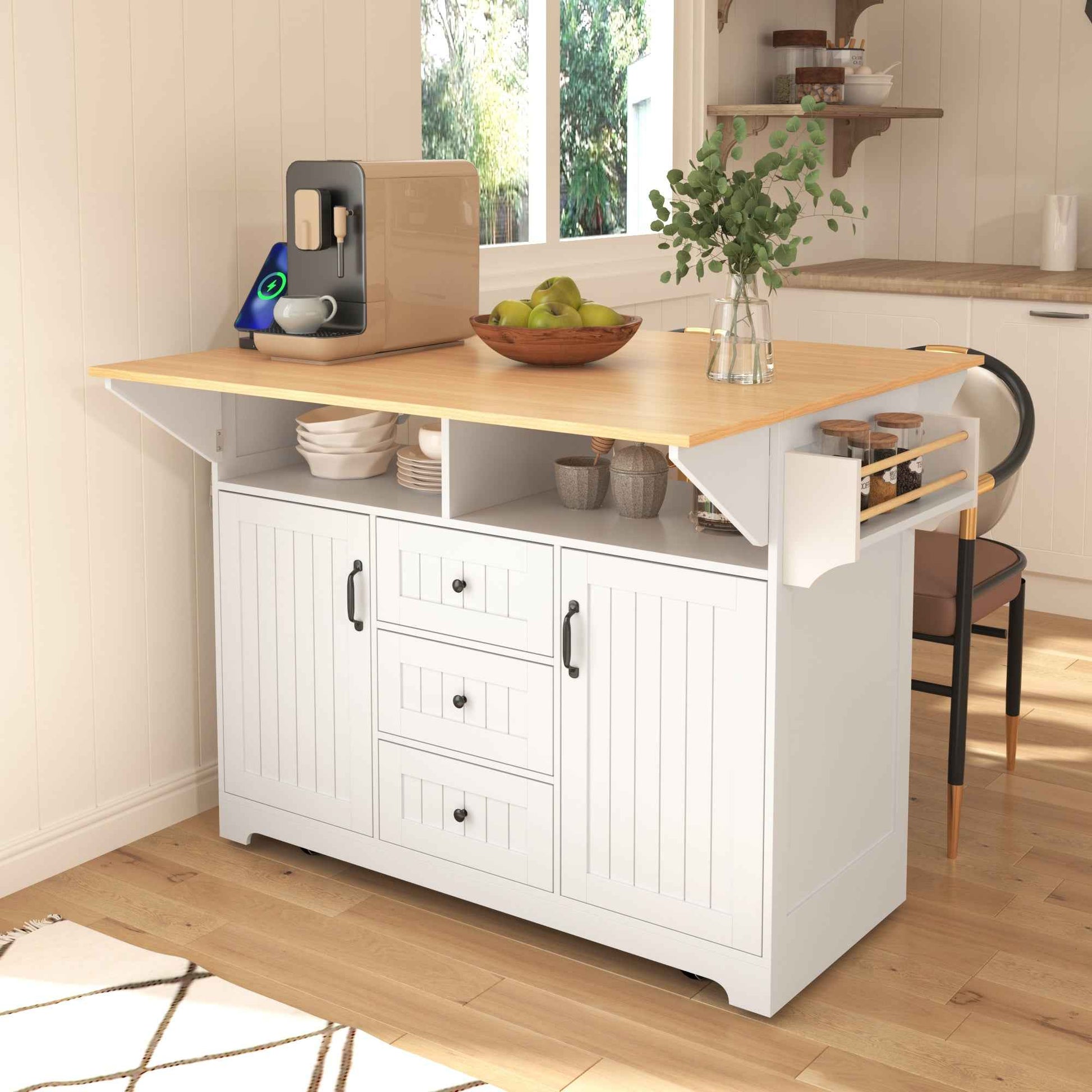 K&K 55.7'' Large Kitchen Island with 2 Drop Leaf,, Rolling Kitchen Cart on 5 Wheels with Power Outlet, Folding Storage Dining Table with Spice & Towel Rack , 3 Drawers, for Kitchen, Dining Room,White