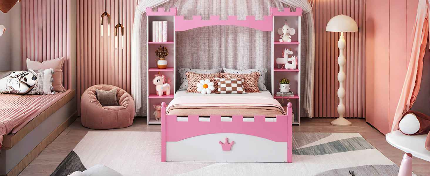 Castle-Shaped Wooden Bed with Storage Shelf, Dreamy Twin Size Platform Bed for Kids Bedroom, White + Pink(Expected Arrival Time:8.14)