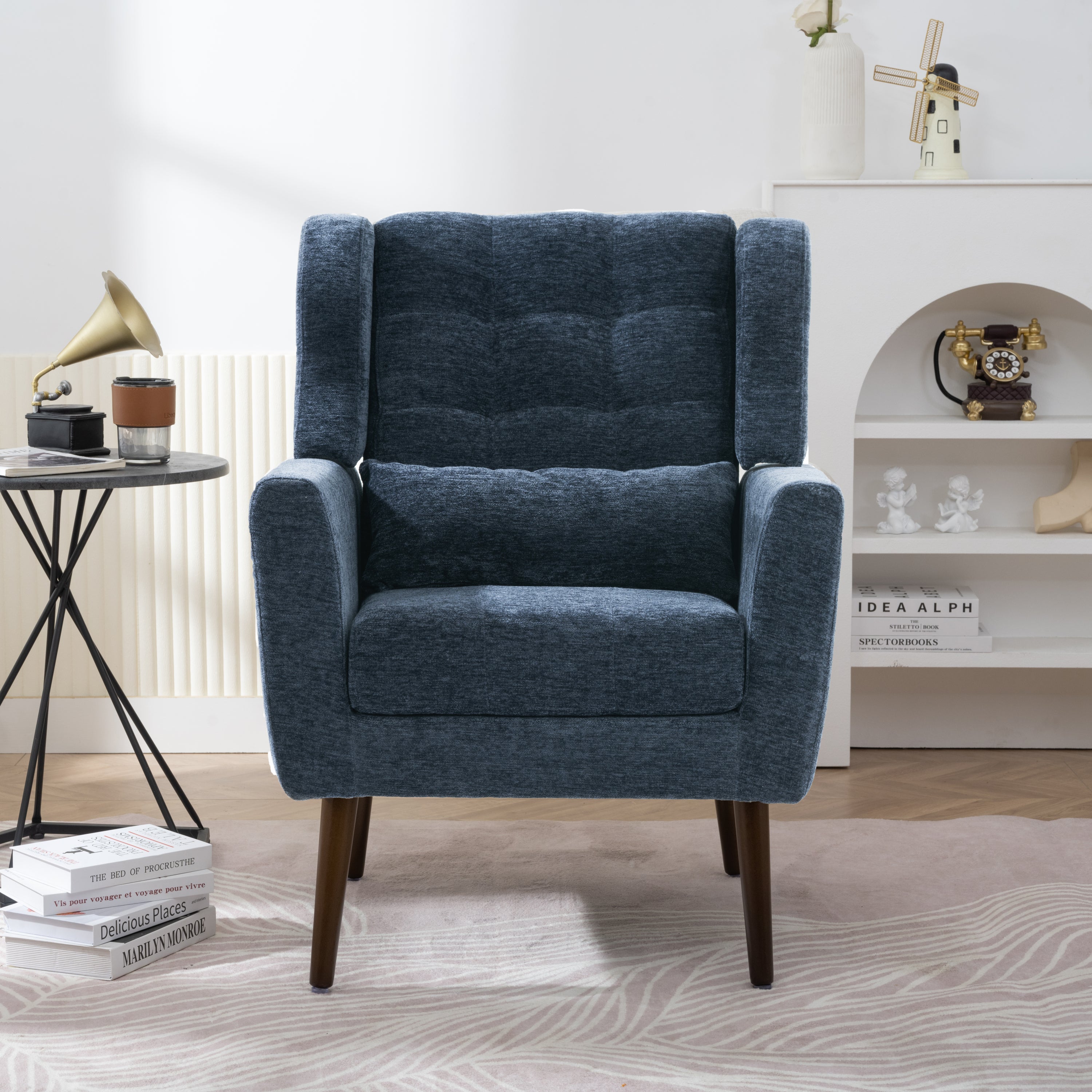 Modern Accent Chair,Chenille Arm Chairs for Living Room,Upholstered Mordern Armchair,Comfy Soft Padded Lounge Chair in Small Space, Bedroom, w/Pillow, Solid Wood Leg (Dark Blue)