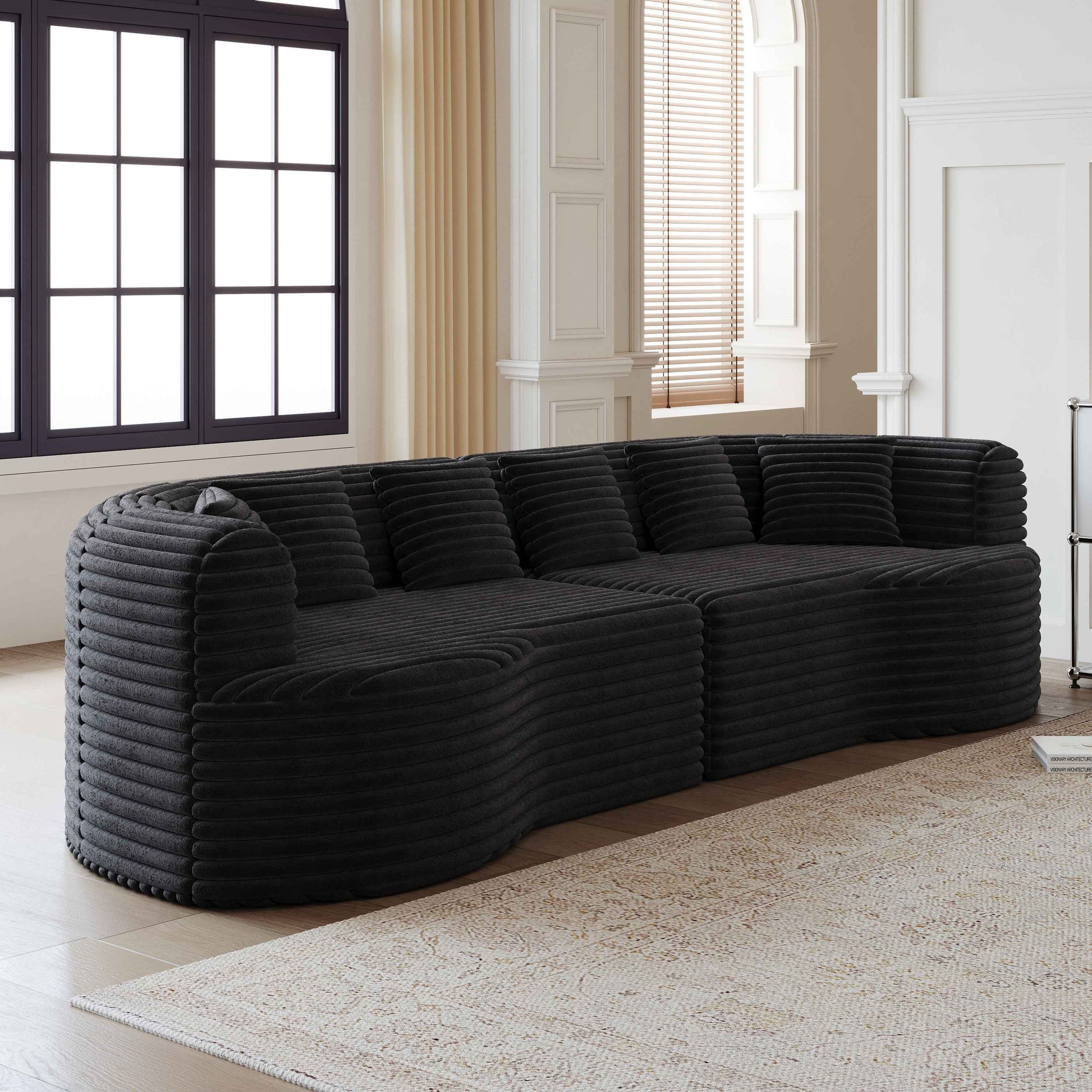 Curved Sectional Sofa, 106.3-inch Oversized Modern Bone-Free Cloud Sofa with 6 Pillows Luxury Corduroy Four-Seater Memory Foam Sofa with Deep Seat Design,black