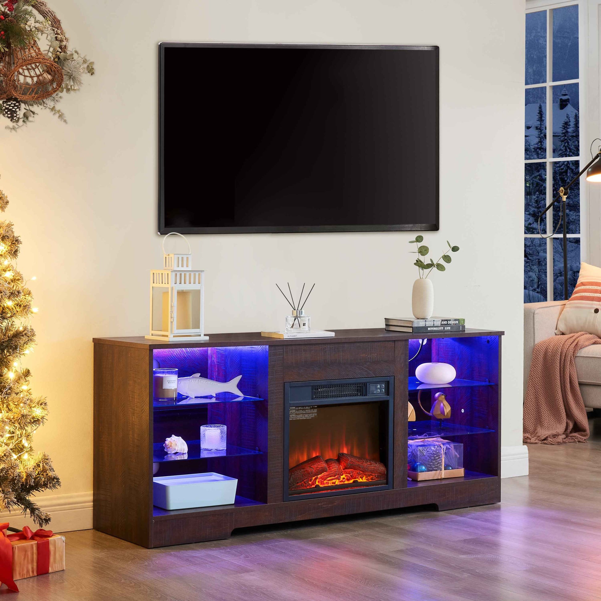TV Stand Electric Fireplace TV Stand with Glass Shelves, 3D Fireplace TV Stand with LED Lights Wood with USB Charging Outlet Modern Television Table Center for TV up to 32-62' ESP 58''W*15.4''D*24.6