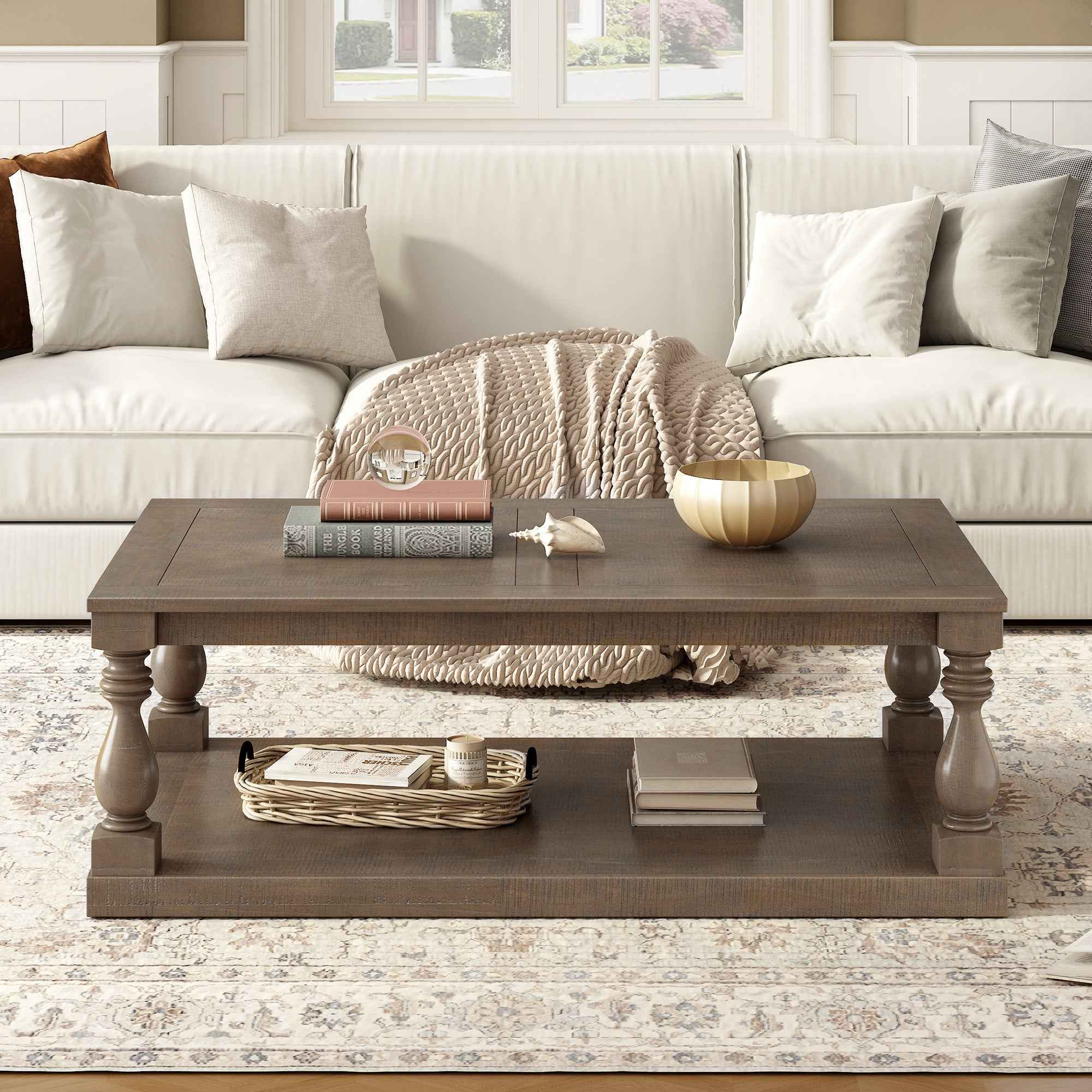 U_STYLE Vintage Coffee Table Featuring Artistic Vase Column Legs and Luxurious Pine Veneer for Timeless Charm,Suitable for living room, study room