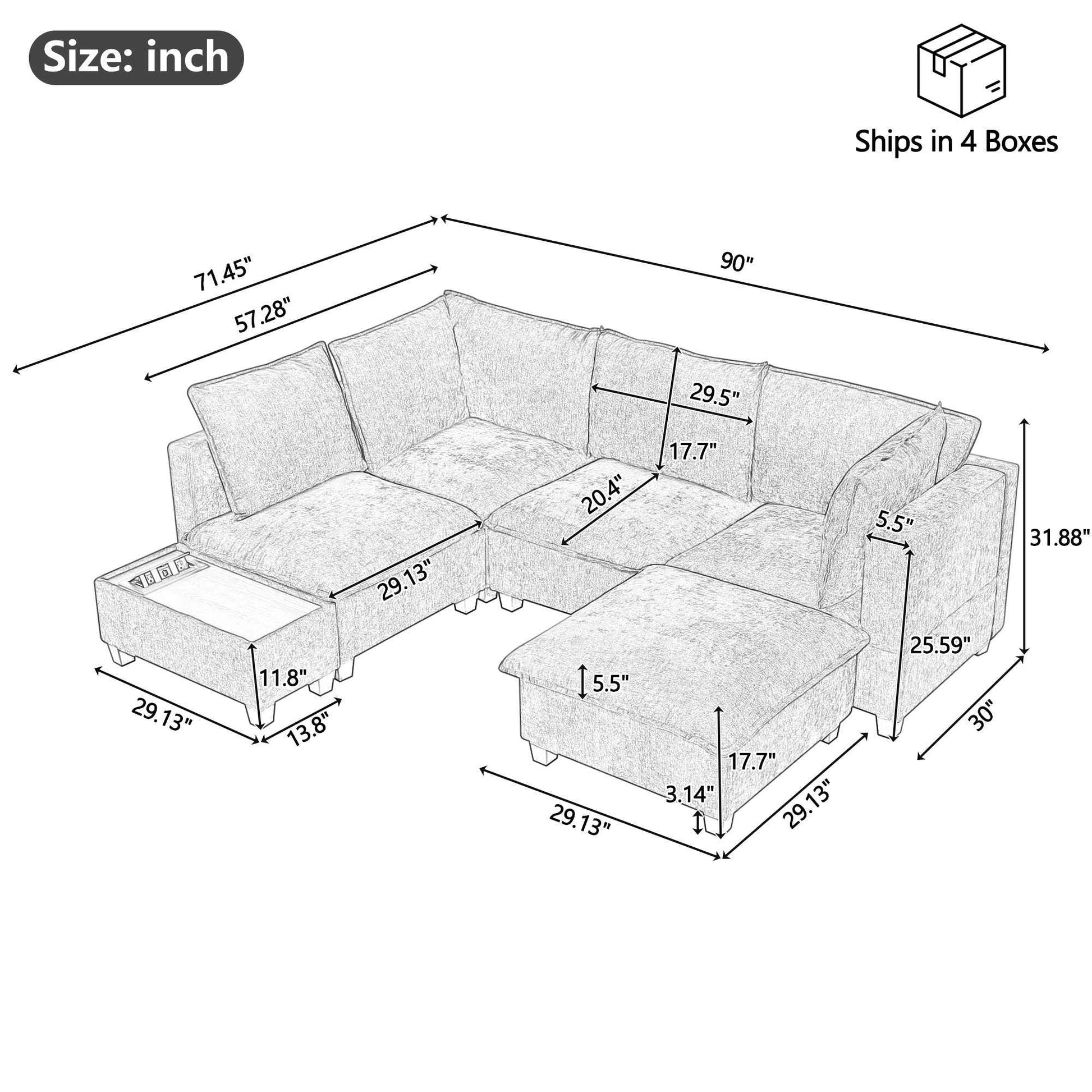 Modular 90' U-shaped Sectional Sofa with Movable Ottoman and Hidden Charging Coffee Table, Grey, Chenille