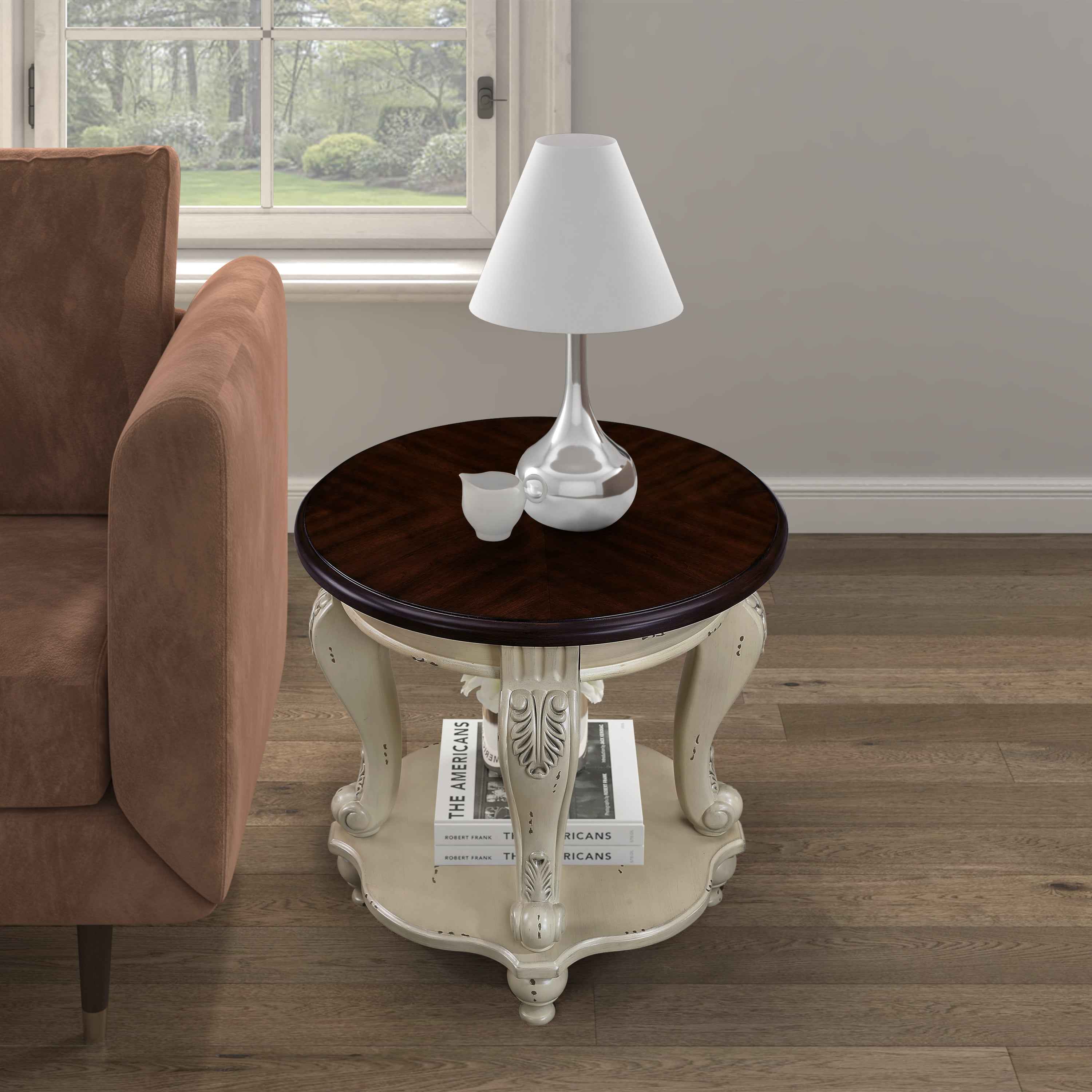 22'' Two Tone Round End Table,Solid Wood Sofa Side Table with Shelf,Living Room Corner Table Easy Assemble,Beige and Espresso Top