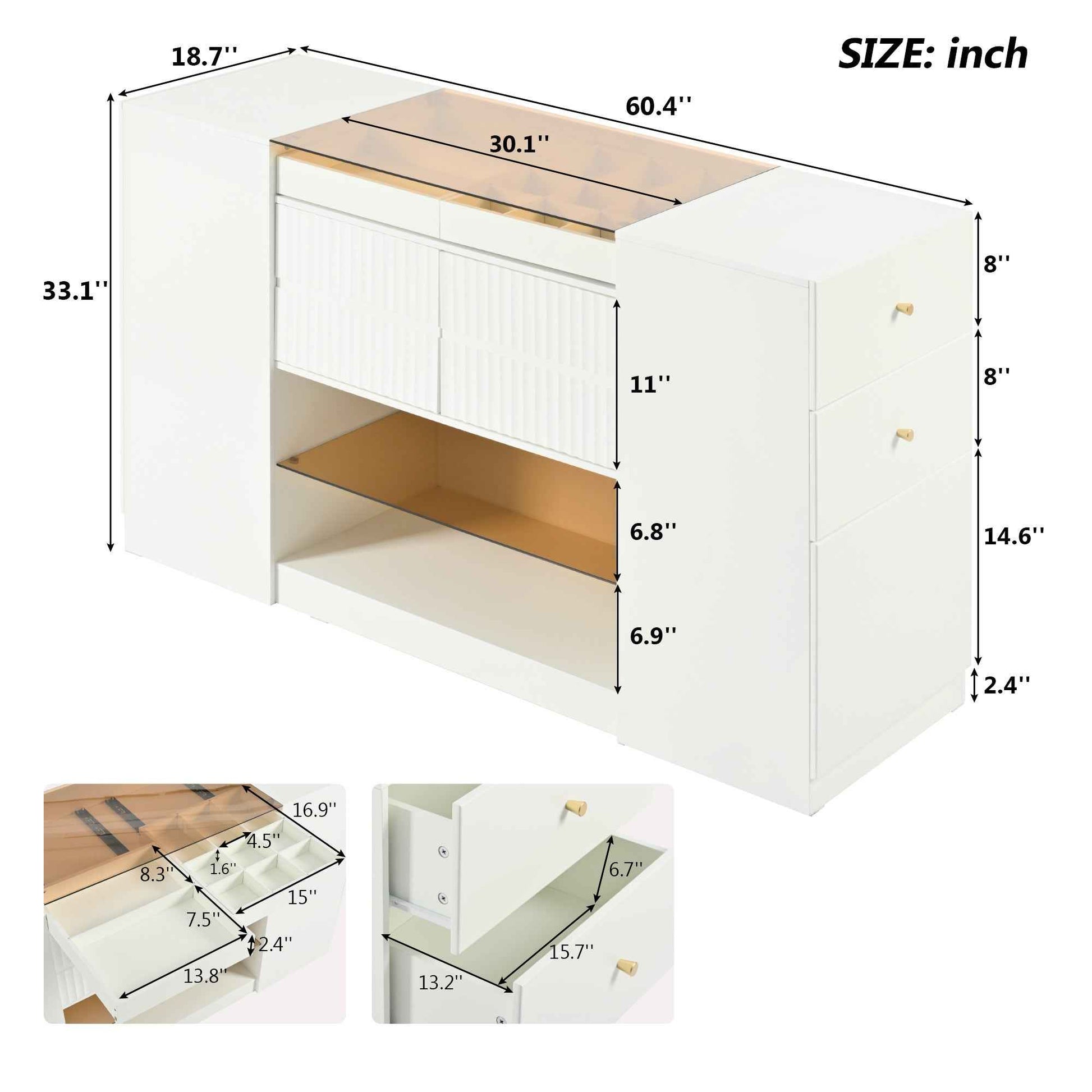 Modern Luxury Multi-Functional Island Vanity Dresser and Storage Cabinet with Glass Tabletop, Display Shelf, 6 Drawers, Cream White MDF