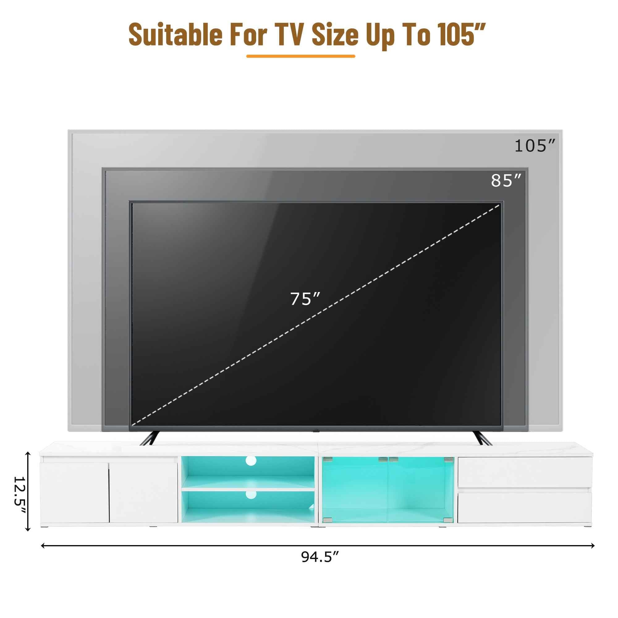 ON-TREND Modern APP Controlled LED TV Stand for TVs Up to 105'', Faux Marble Tabletop Media Console with Tempered Glass Doors, Entertainment Center with 2 Drawers & Cabinets for Living Room, White