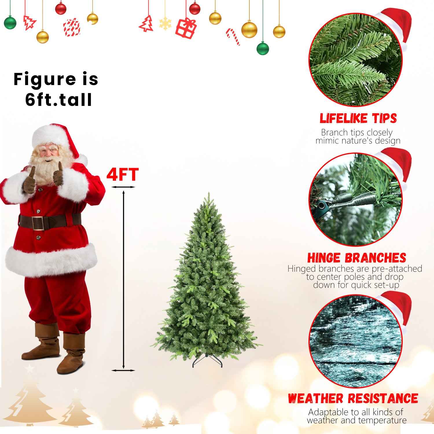 4FT Classic Christmas Tree with 636 PE+PVC Tips – Realistic Hinged Branches, Easy Assembly, Stable Metal Stand, Full Natural Look for Holiday Decorating
