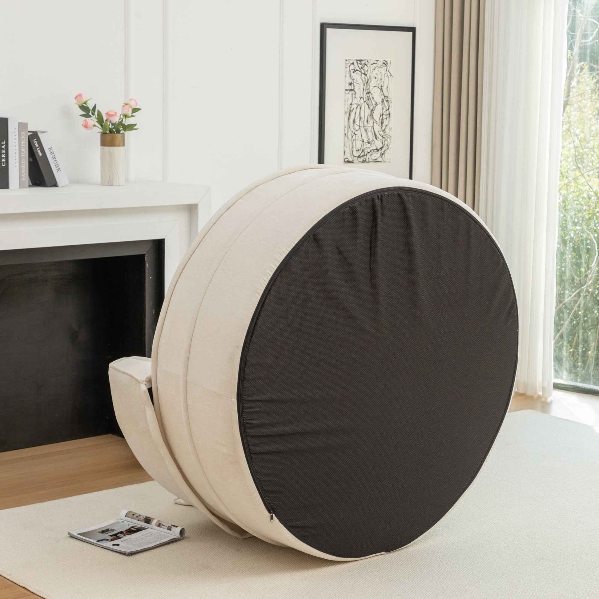 Modern Oversized Beige Round Barrel Accent Chair with Ottoman - Velvet Upholstered Lounge Armchair with 5 Pillows for Living Room or Bedroom