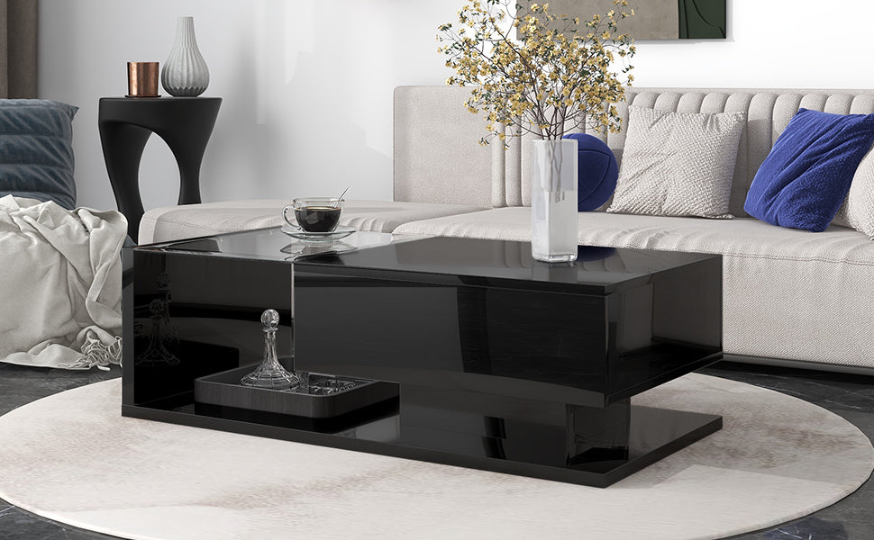 [VIDEO provided] ON-TREND Modern Coffee Table with Tempered Glass, Wooden Cocktail Table with High-gloss UV Surface, Modernist 2-Tier Rectangle Center Table for Living Room, Black