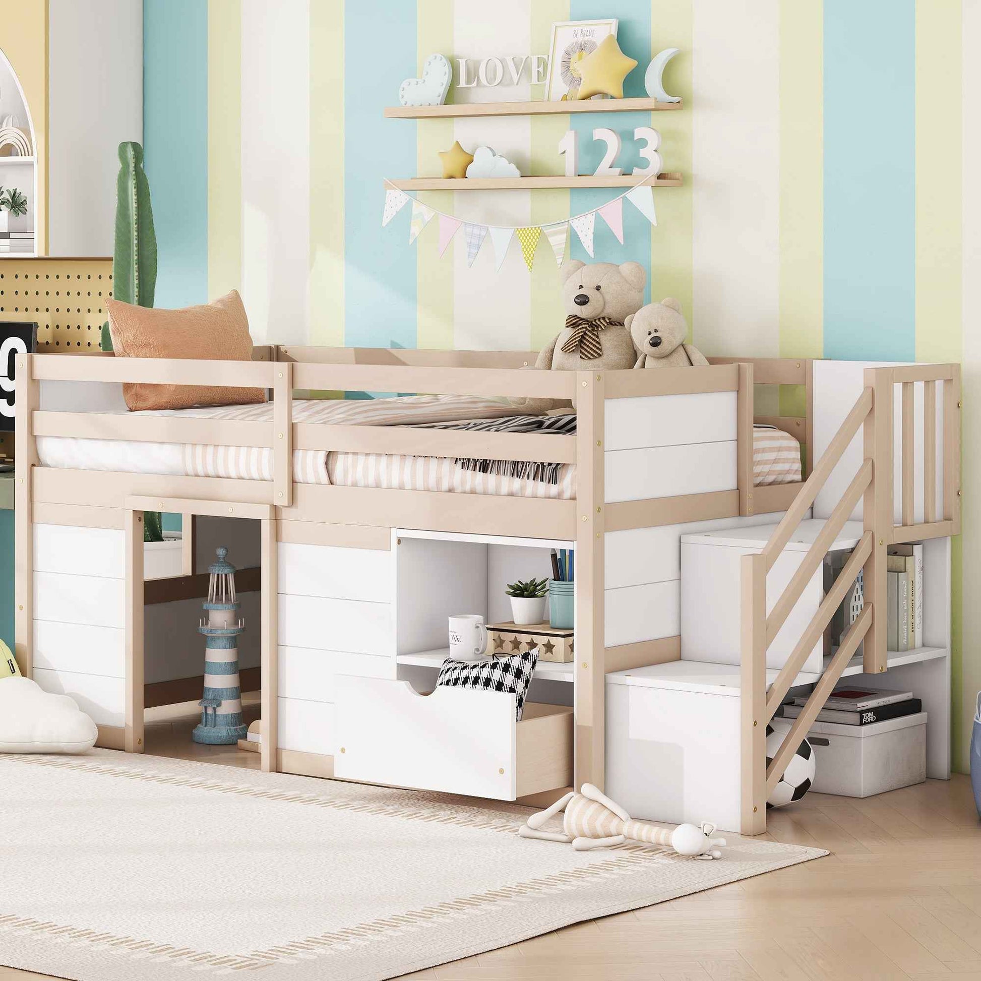 SOLID WOOD TWIN SIZE LOW LOFT BED WITH STAIR, DRAWER, AND SHELF FOR CREAM + WHITE COLOR